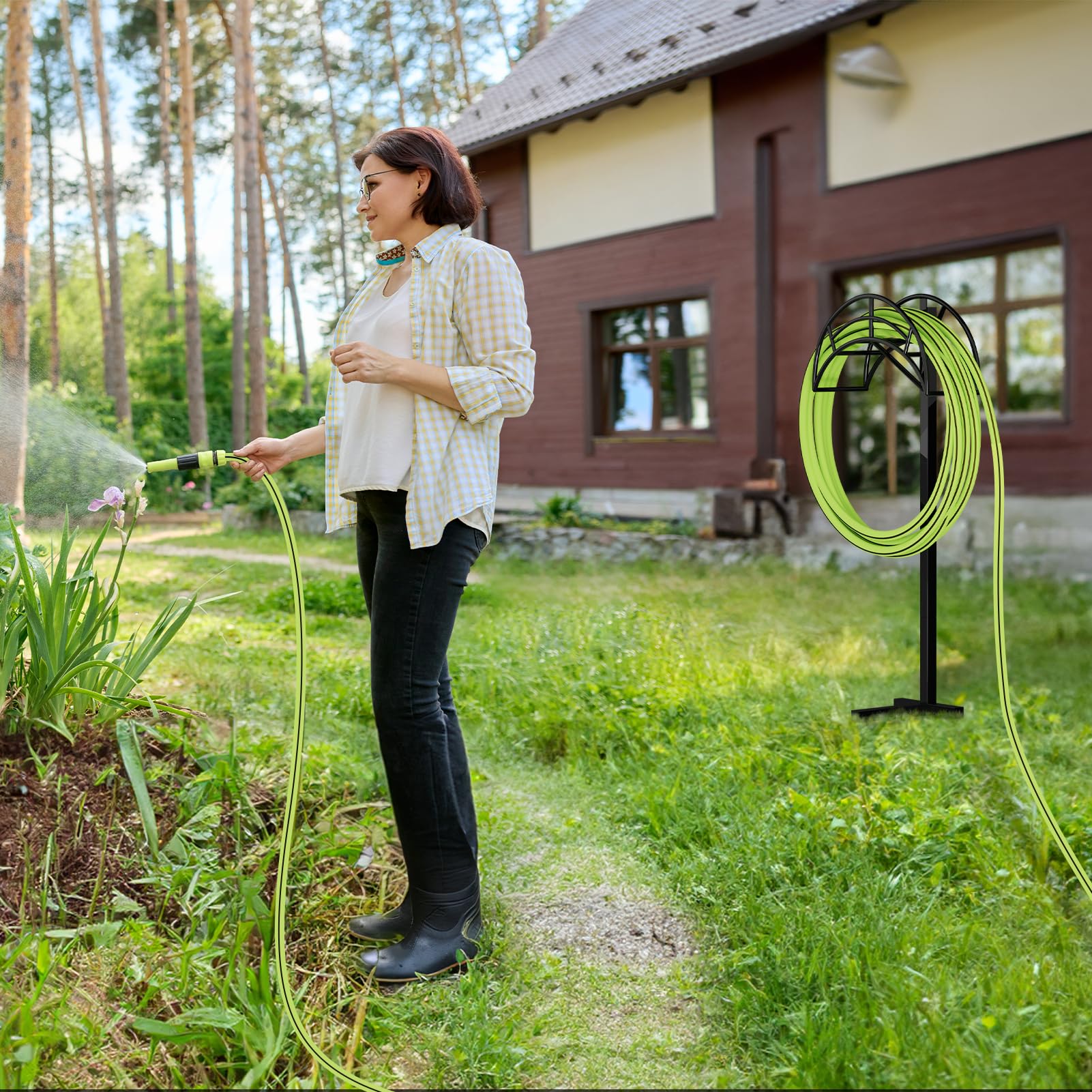 ROSSNY Heavy Duty Metal Hose Stand - Detachable Freestanding Garden Hose Holder with 3 Long Spiky Feet for Outdoor Use | Durable Hose Hanger & Storage Solution for Lawn, Yard, and Garden Watering Needs
