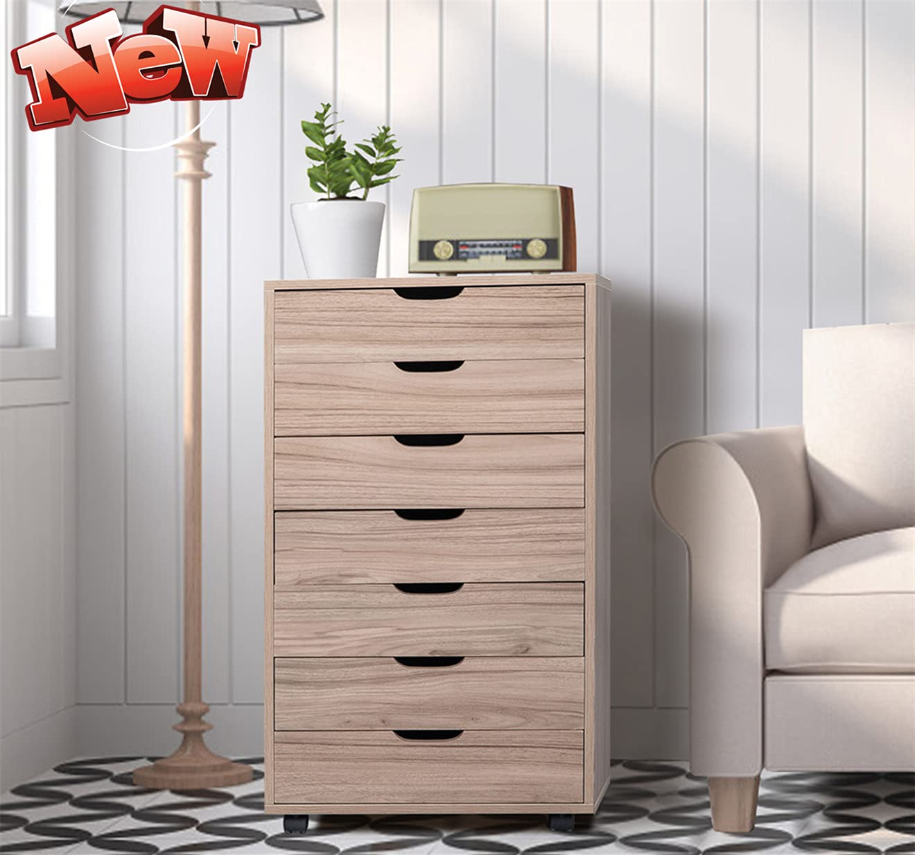 Sturdy 7-Drawer Rolling Wooden File Cabinet with Wheels - Heavy Duty Mobile Lateral Filing Cabinet for Home Office, Bedroom Dresser or Nightstand - Grey Oak Finish for Modern Workspace & Storage Solutions