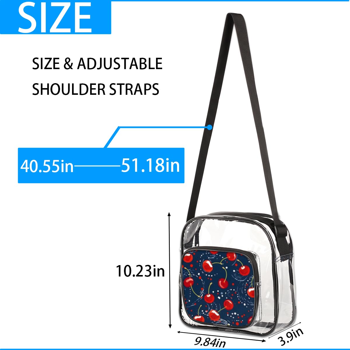 Dotted Cherry Clear Crossbody Purse Bag - Red & Blue Polka Dot Transparent Stadium Bag for Women & Men | Approved for Concerts, Festivals & Sports Events | Perfect for Music Festivals, NFL Games & Theme Parks