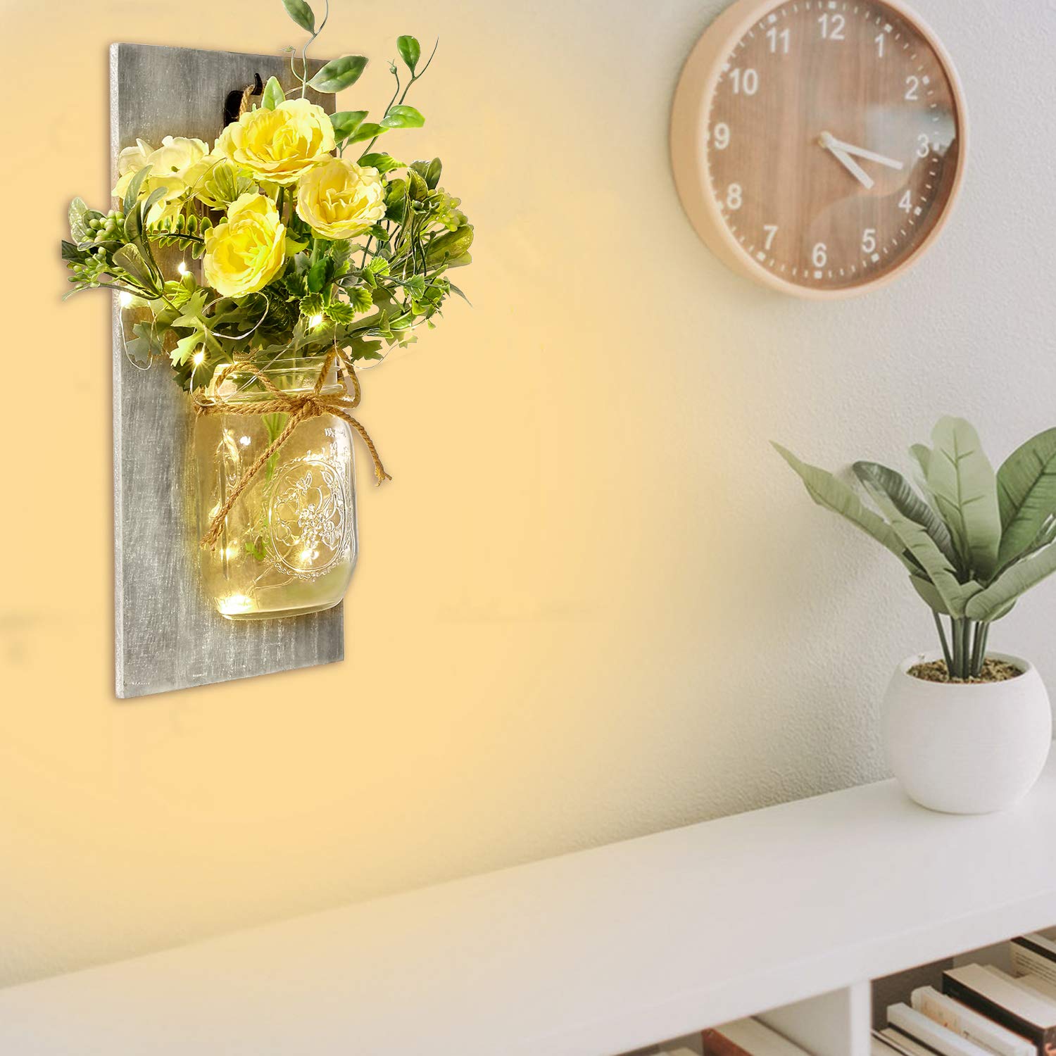Rustic Farmhouse Mason Jar Wall Sconces with Remote Control - Set of 2 LED Wall Lights with Yellow Rose Decor for Bedroom, Living Room & Kitchen | Perfect for Cozy Home Ambiance and Farmhouse Style Interior Design