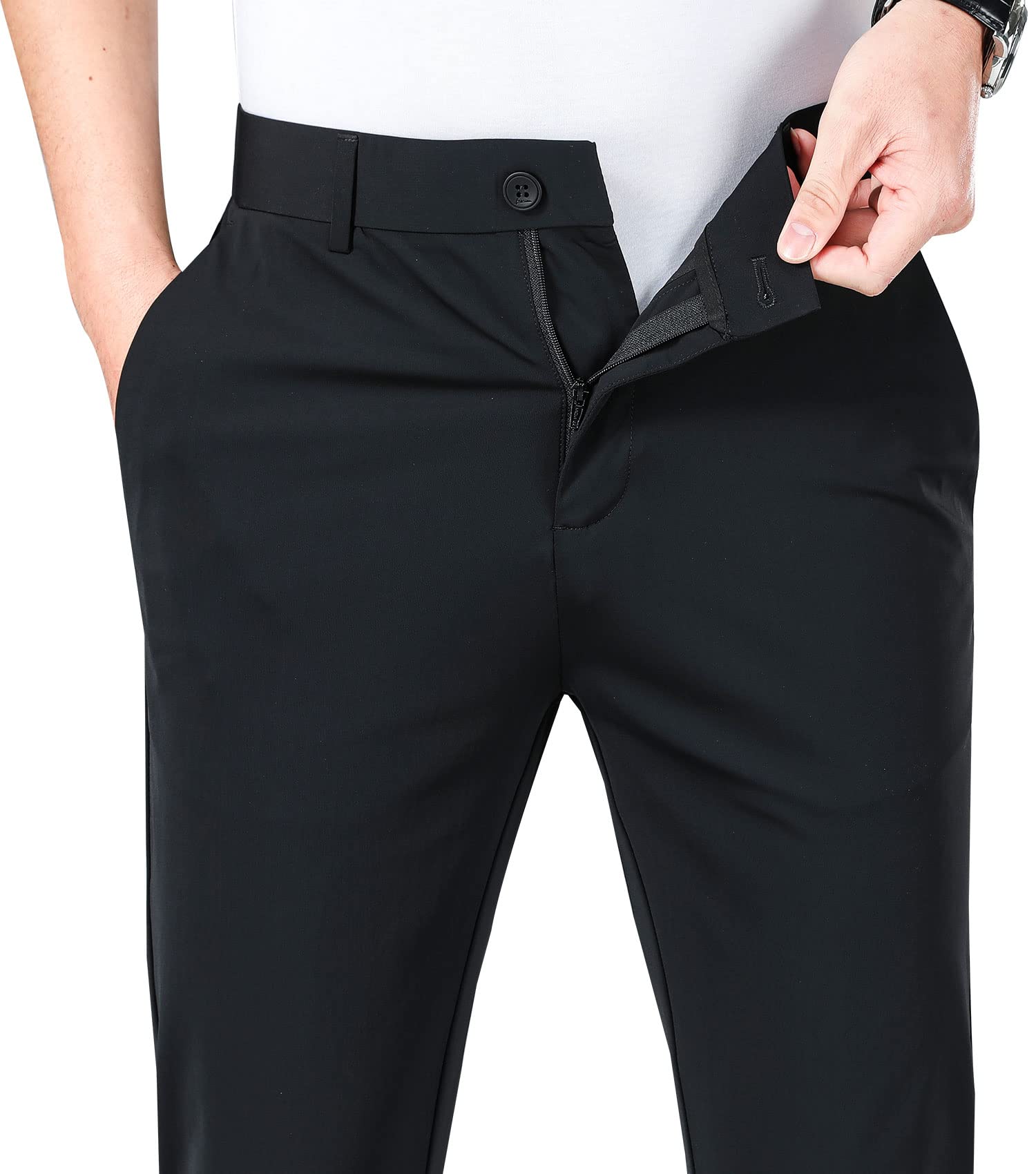 LUSHENUNI Men's Slim Fit Stretch Golf Pants - Breathable Ice Silk Dress Pants with Expandable Waist for Comfort & Mobility - Perfect for Golf, Office & Casual Wear