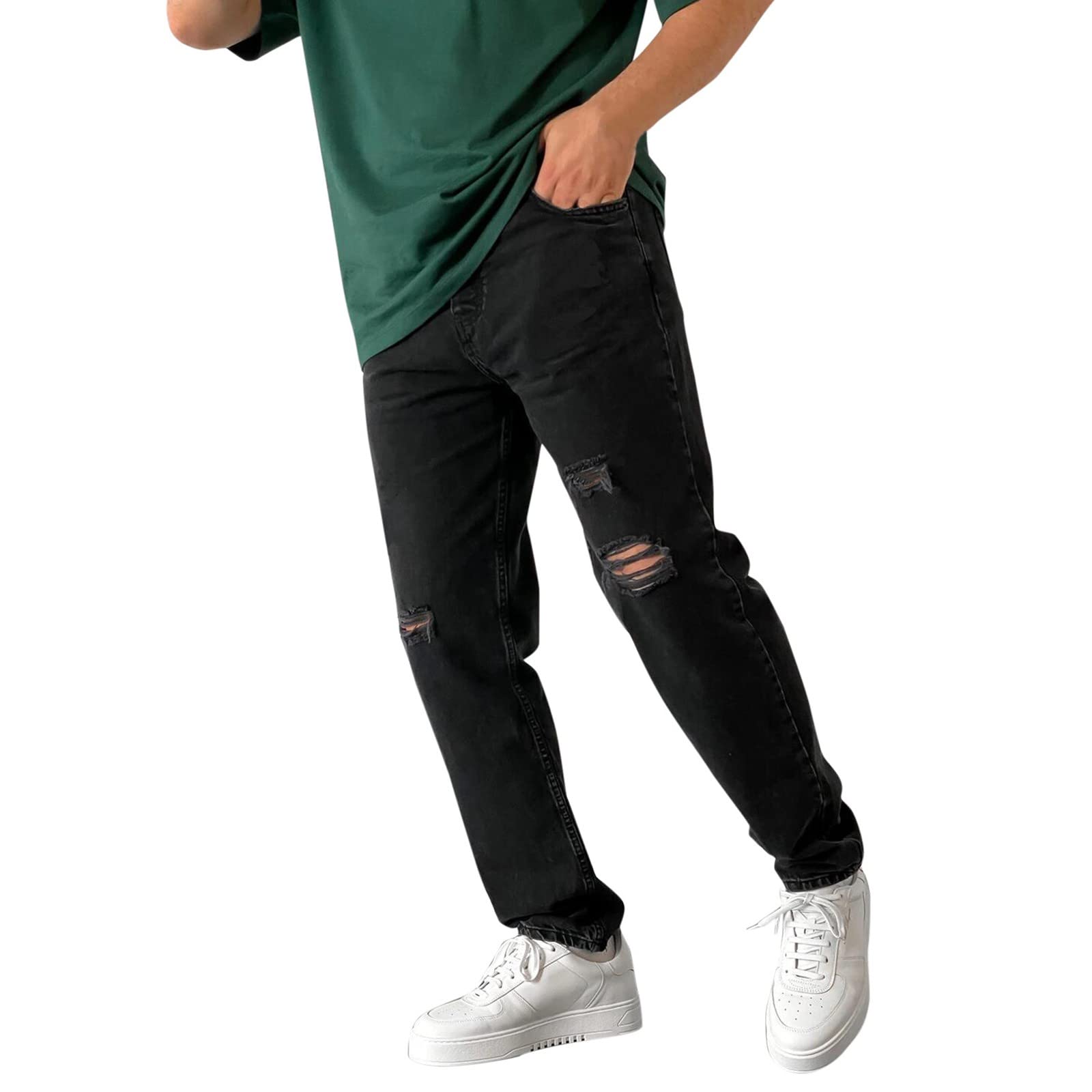 Men's Slim Fit Denim Jeans with Zipper Fly & Front Pockets - Casual Solid Color Pencil Pants for Everyday Wear & Office Style