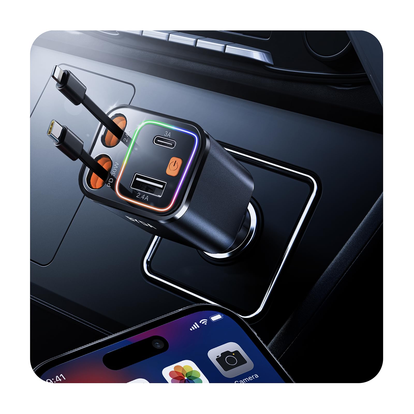 2025 Micro-Version 4-in-1 Retractable Car Charger 69W - USB C Fast Charging & Cigarette Lighter Adapter - Compatible with iPhone 16e/16/15/14/13, Samsung Galaxy, iPad, Pixel - Aluminum Black - Perfect for Road Trips & Daily Commutes