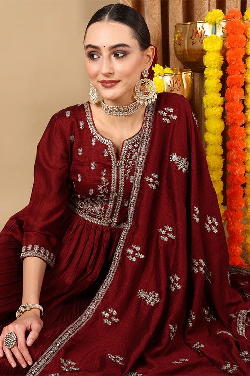 Elegant Maroon Silk Blend Embroidered Anarkali Suit Set for Women | Diwali & Festival Wear | Party, Wedding & Special Occasion Outfit