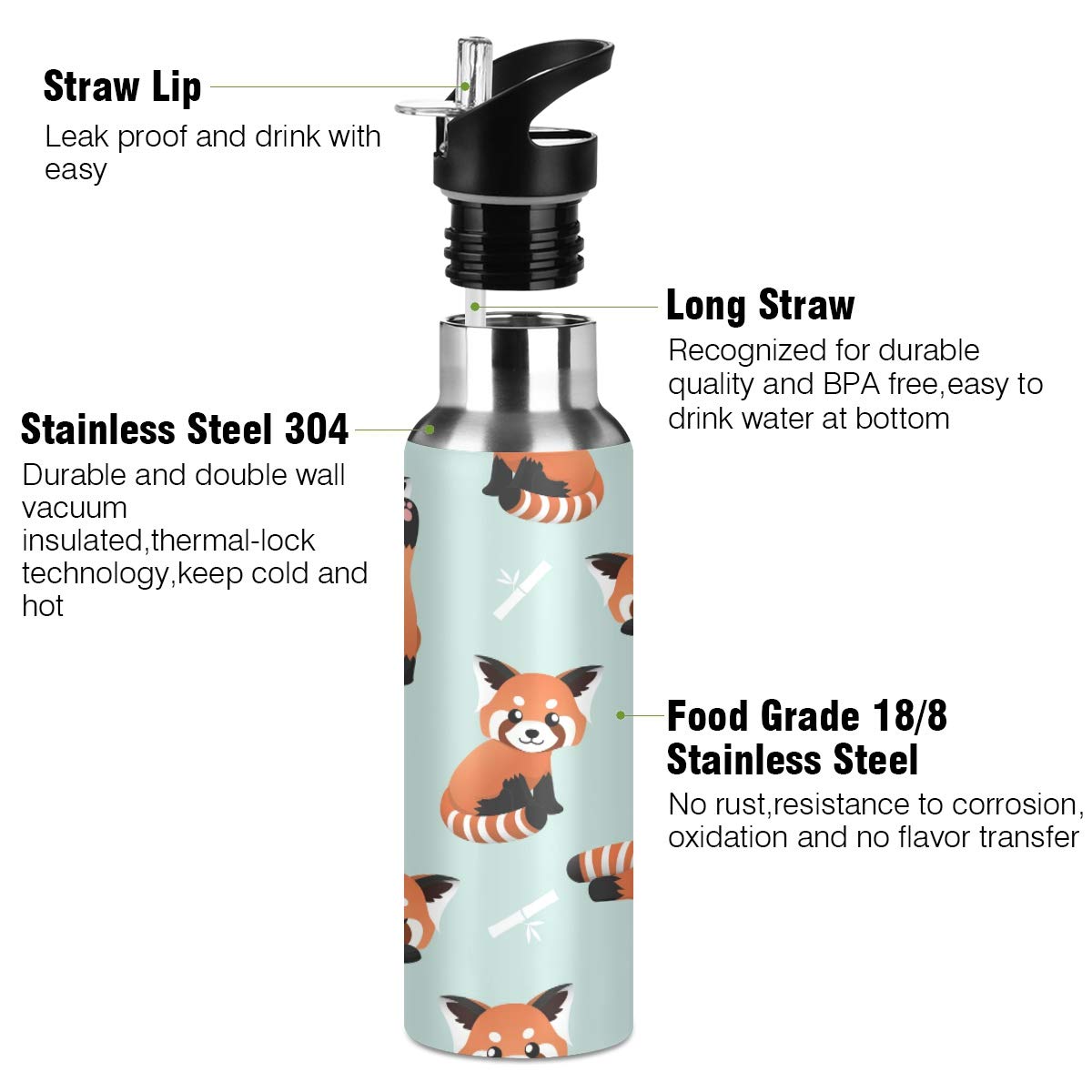 Blueangle Cute Red Panda Insulated Stainless Steel Water Bottle with Straw - BPA Free, Leak Proof, 24hr Temperature Retention - Perfect for Gym, Hiking, Camping & Outdoor Activities