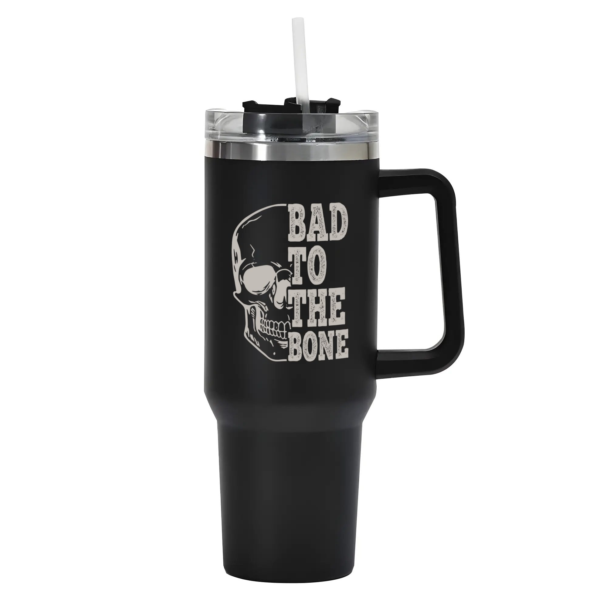 Bad To The Bone 40oz Stainless Steel Tumbler with Handle & Straw Lid - Insulated Travel Mug for Coffee, Tea & Cold Drinks - Perfect for Camping, Office & Gym Use