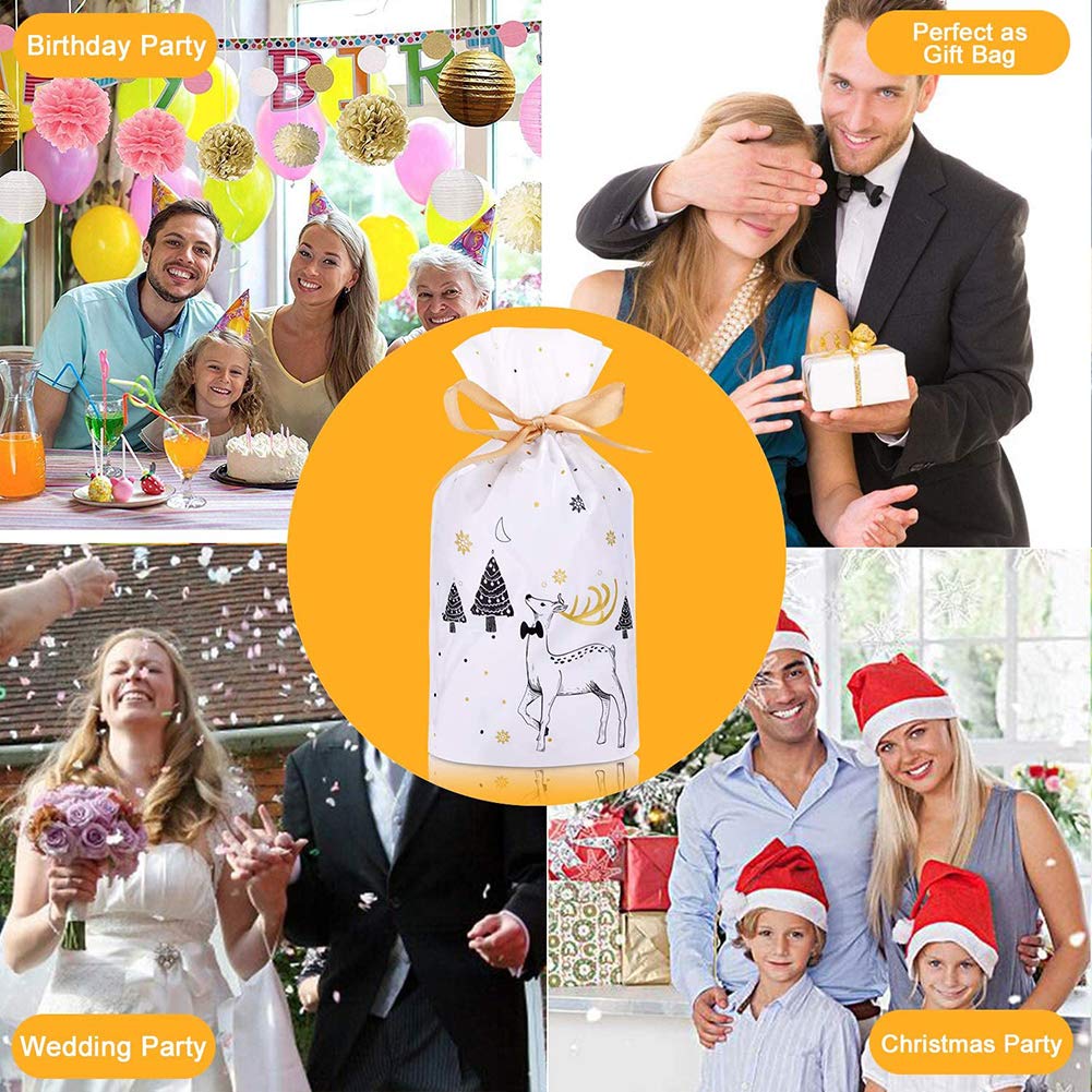 50pcs Plastic Treat Bags with Bows | Drawstring Gift Bags for Candy, Cookies & Party Favors | Christmas Goodie Bags (14.7x23.5x6cm) - Perfect for Holiday Gifting, Birthday Parties & Wedding Favors