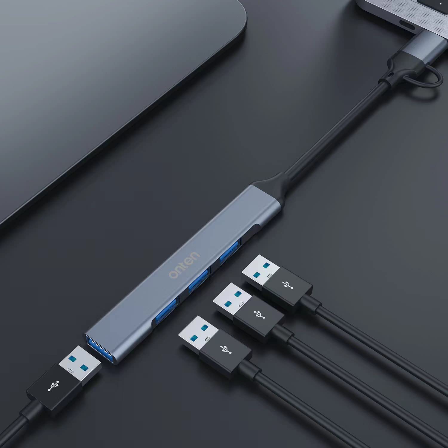 ONTEN 4-Port USB C Hub with 1.6ft Cable - USB C to USB A Adapter for MacBook Pro/iMac 2021, Aluminum Alloy USB 3.0/2.0 Splitter (Gray) - Perfect for Home Office, Travel & Multi-Device Charging