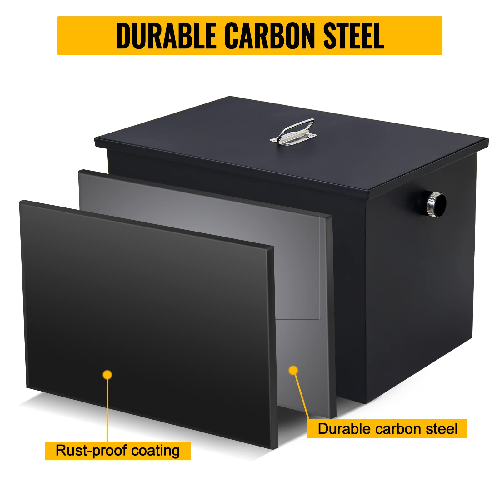 **40LB Commercial Grease Interceptor - Heavy Duty Carbon Steel Grease Trap for Kitchen Under Sink, Oil-Water Separator with Side Water Inlet | Ideal for Restaurants, Cafeterias & Food Service**