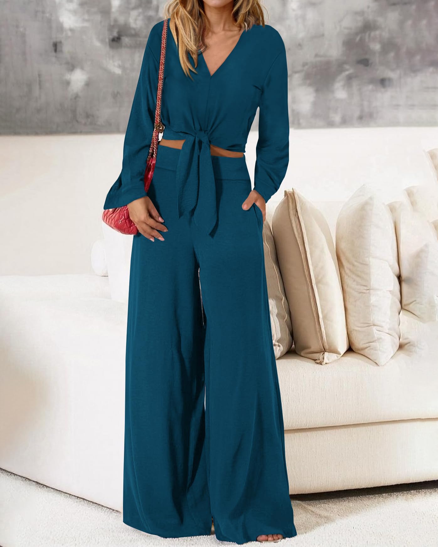 PRETTYGARDEN Women's 2 Piece Outfit Set - 2025 Spring Casual V Neck Long Sleeve Strappy Crop Top with Wide Leg Palazzo Pants | Lounge Wear, Street Fashion, Office Outfit