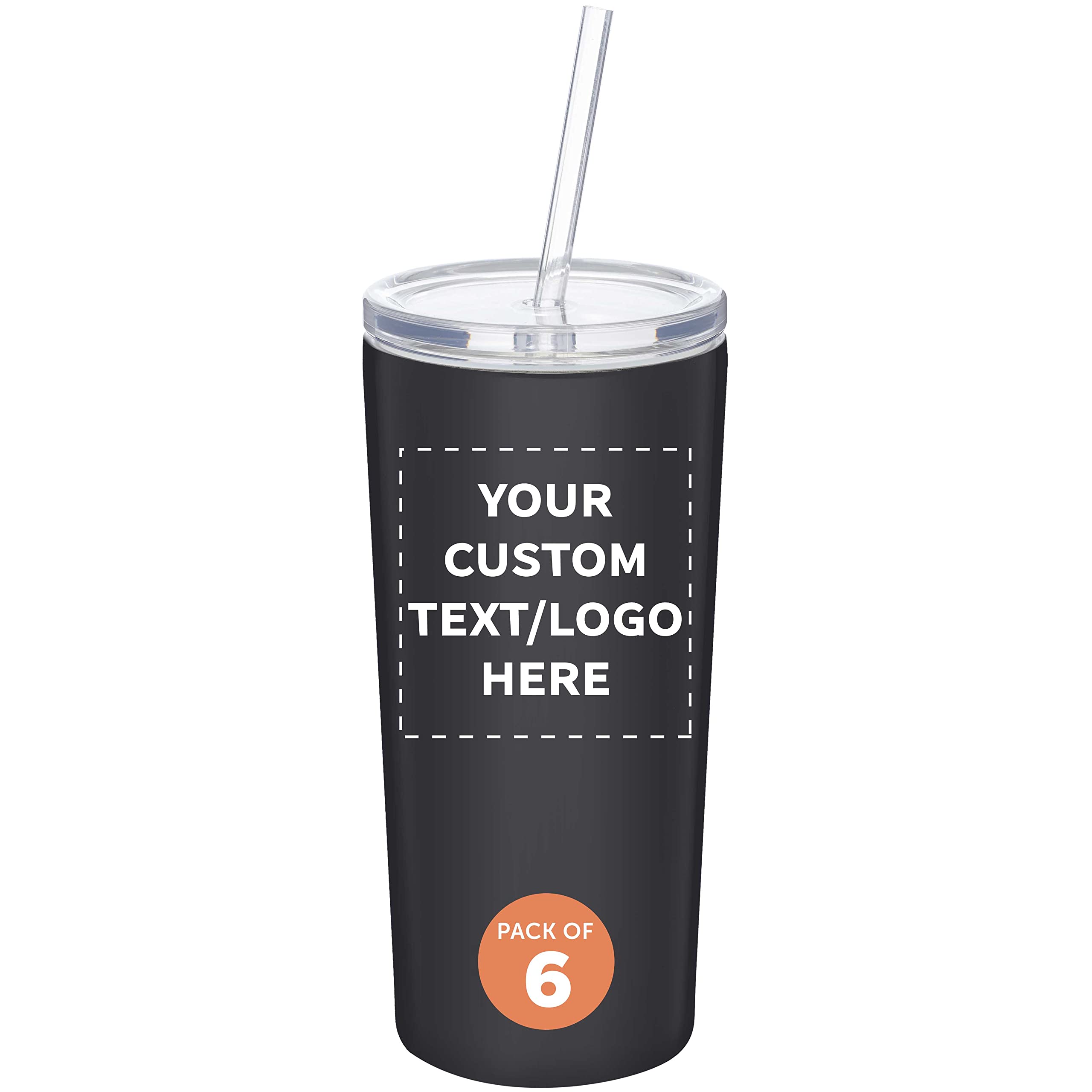 6 Pack Mira Stainless Steel Tumblers with Straws - 16oz Double Wall Insulated Cups - Custom Text/Logo - Tritan Lid - Black - Perfect for Office, Gym & Outdoor Activities