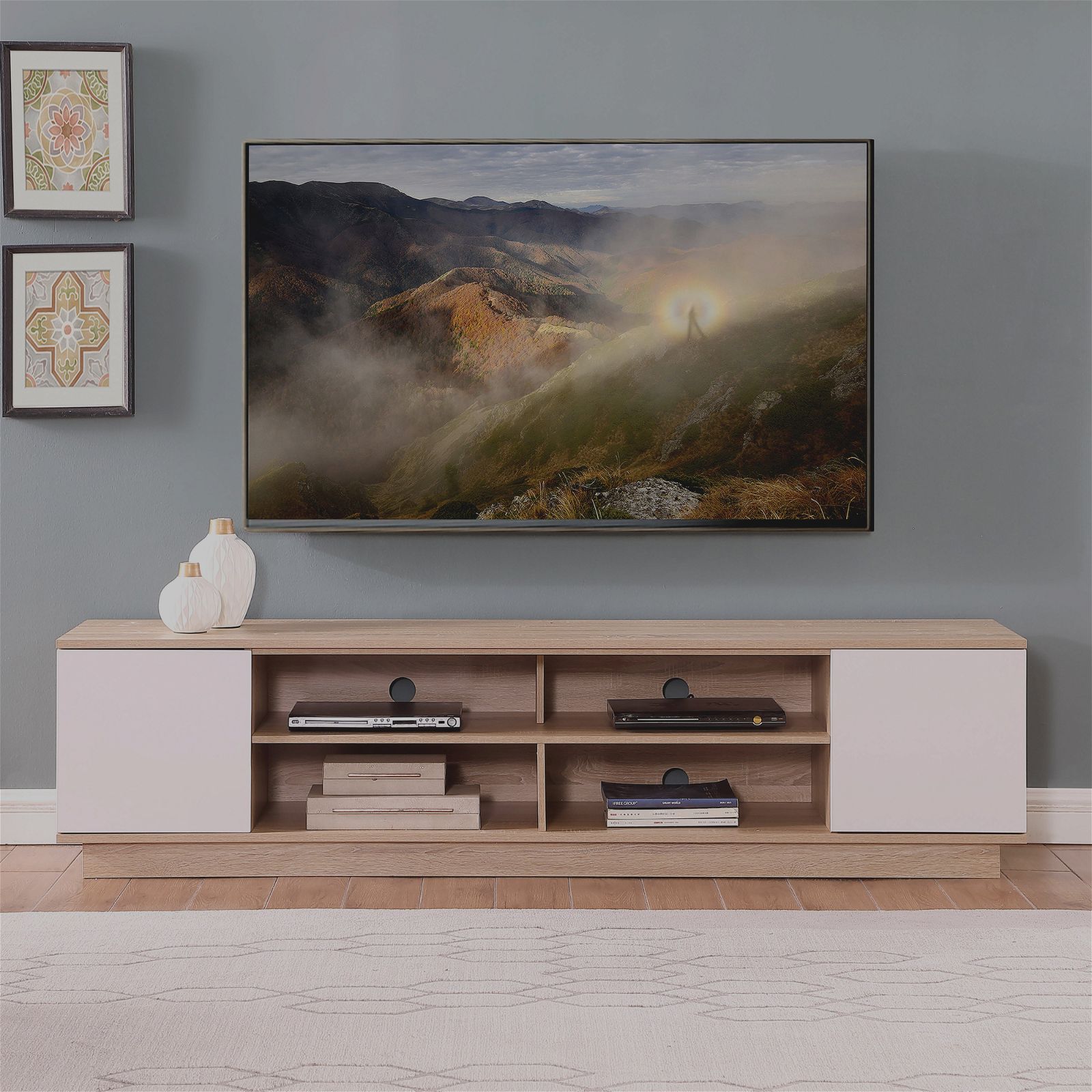 DELUX 200cm Oak & White TV Stand Entertainment Center - Modern Media Console for Living Room, Home Theater & Gaming Setup