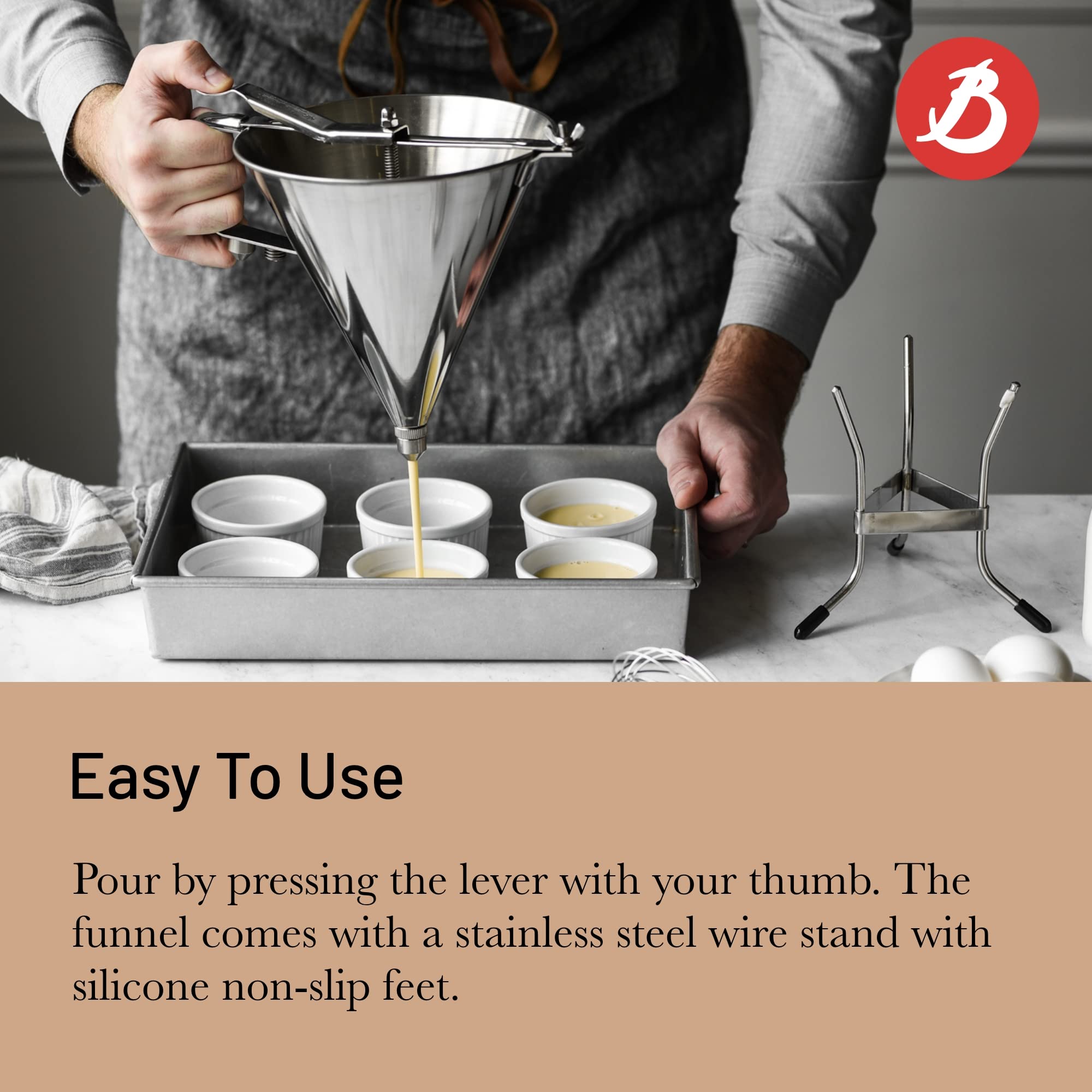 de Buyer KWIK PRO Piston Funnel - 2 Quart Stainless Steel Kitchen Funnel for Liquids & Sauces - Leakproof Design, Dishwasher Safe - Made in France - Perfect for Canning, Baking & Home Brewing
