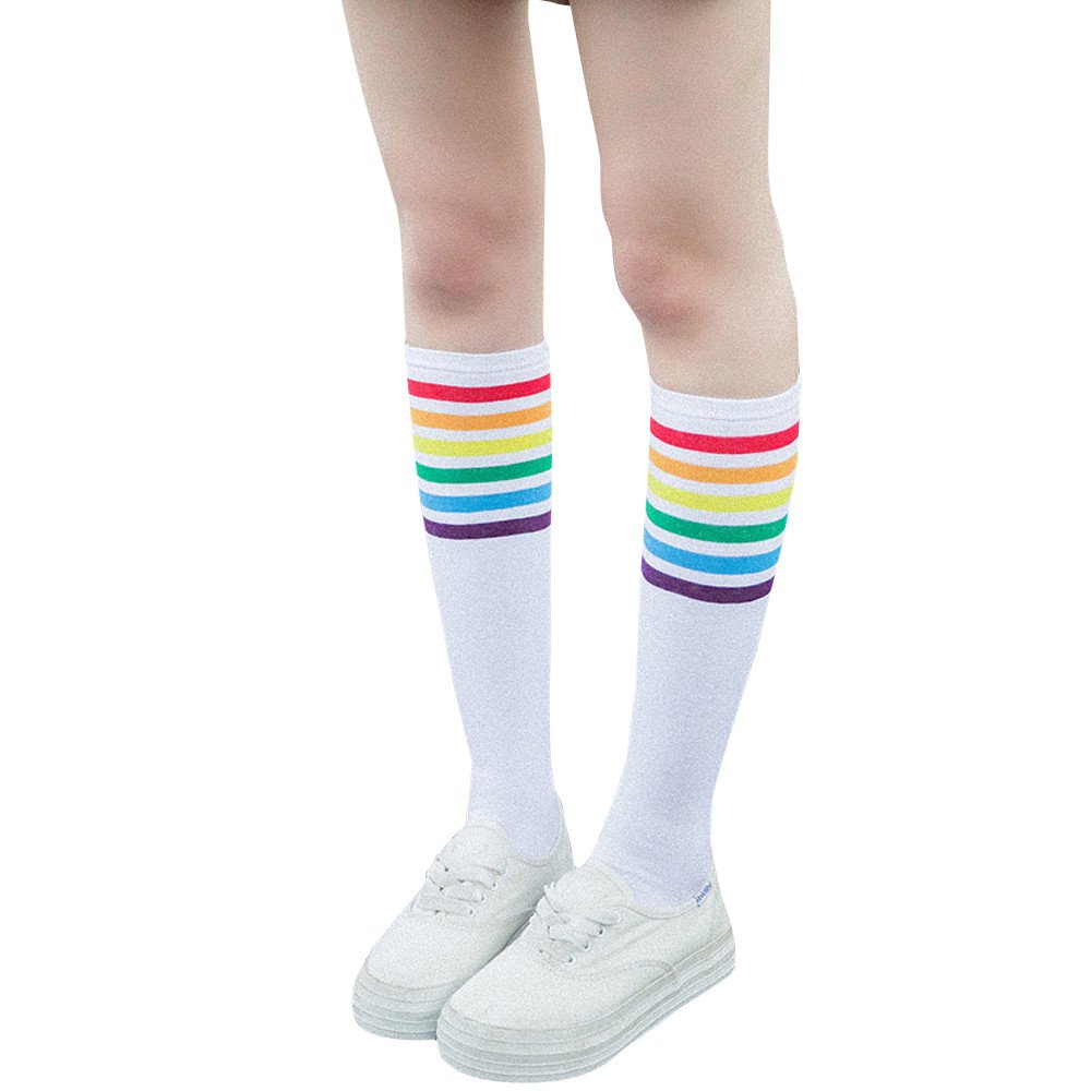 Women's Compression Socks - Rainbow Striped Knee-High Socks for Girls & Women - 1 Pair (Black/White) - Football & Athletic Support - Perfect for Running, Workouts & Everyday Comfort