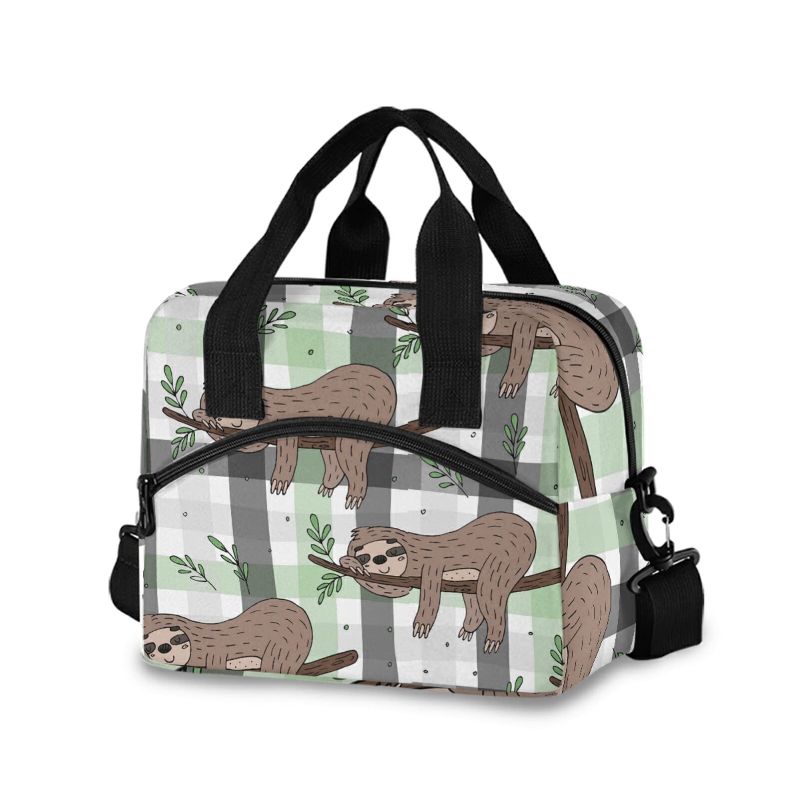 Sloth Print Insulated Leakproof Lunch Bag - Reusable Cooler Tote with Adjustable Shoulder Strap for Work, Travel & Picnics | Cute Sloths on Tree Branches Checker Plaid Design | Perfect for Office, School, Hiking and Beach Outings