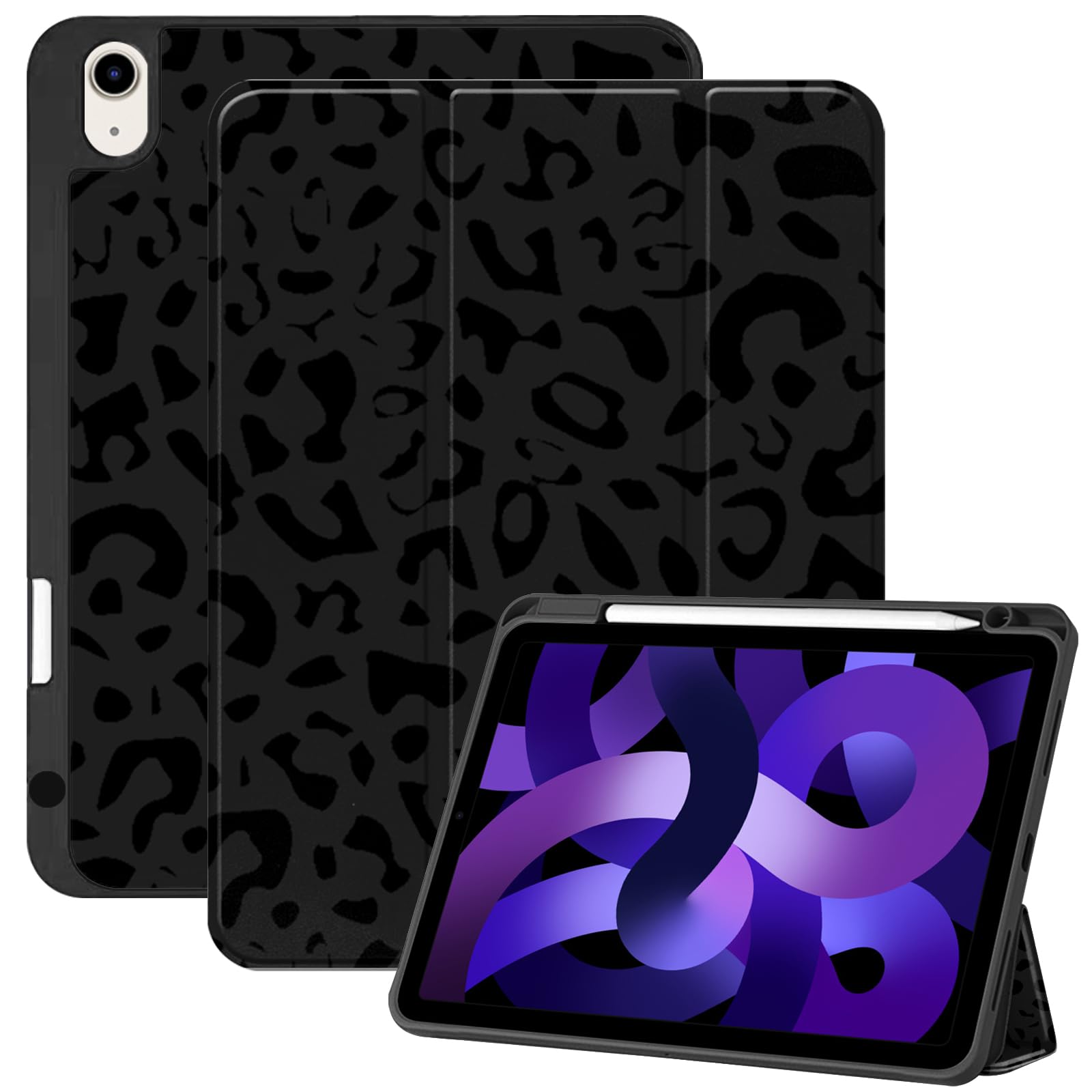 Premium iPad Air Case 11 Inch (M3 2025/M2 2024) & 10.9 Inch (5th/4th Gen 2022/2020) - Shockproof TPU Back Cover with Pencil Holder & Auto Sleep/Wake - Stylish Black Leopard Print - Perfect for Work, School & Travel