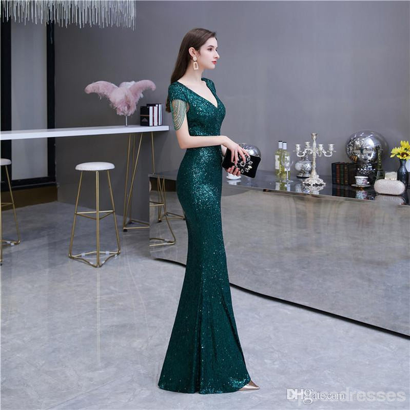 Green Mermaid Sequin V-Neck Cap Sleeves Long Prom Dress for Women | Elegant Evening Gown for Party, Homecoming, Wedding Guest | Perfect for Formal Events & Special Occasions