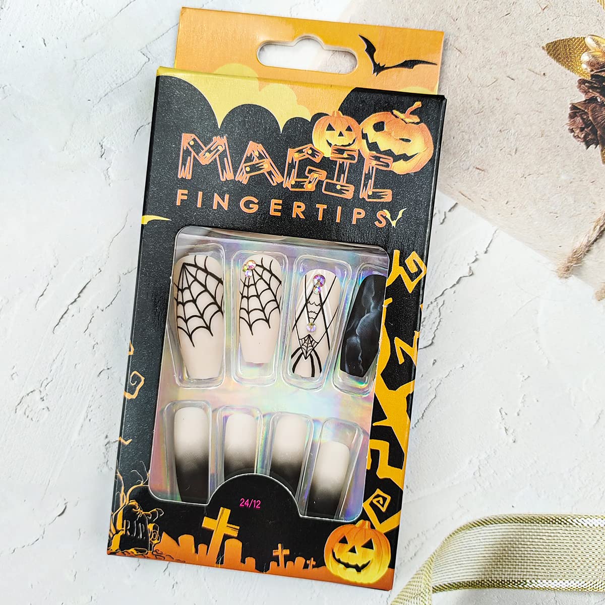 Halloween Press on Nails - 24Pcs Long French Fake Nails with Black Spider Web & Crystal Rhinestone Designs, Matte Acrylic Glue on Nails for Women & Girls | Perfect for Halloween Parties, Costume Events & Fall Nail Art