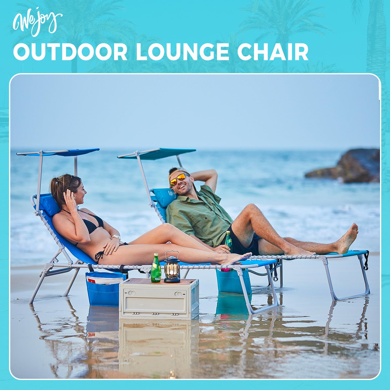 WEJOY Adjustable Folding Chaise Lounge Chair with Canopy Shade & Headrest Pillow - Portable Outdoor Sunbathing Chair for Beach, Pool, Lawn, Camping & Backyard Relaxation | Perfect for Tanning, Lounging & Reading by the Water