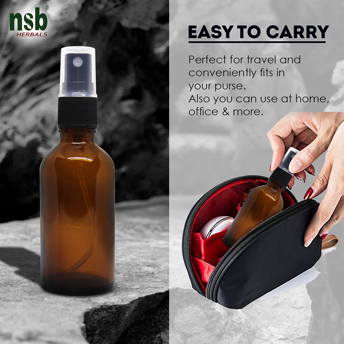 NSB Herbals 50ml Refillable Amber Glass Spray Bottles with Leak-Proof Pump - Perfect for DIY Perfume, Essential Oils, Aromatherapy, Beauty Products & Skincare (Pack of 3) | Great for Travel, Home Spa & Gift Sets