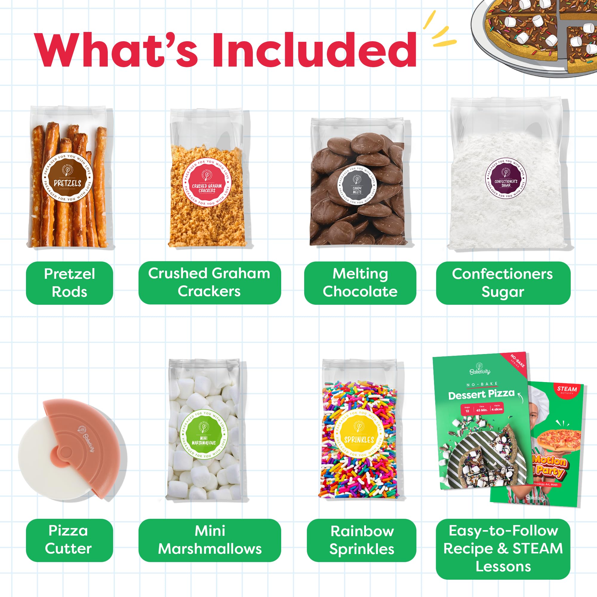 BAKETIVITY No-Bake Dessert Pizza Kit for Kids - STEAM Baking Activity Set with Educational Lesson | Fun DIY Pizza Party Baking Kit | No Oven Required for Easy Family Cooking & STEM Learning at Home