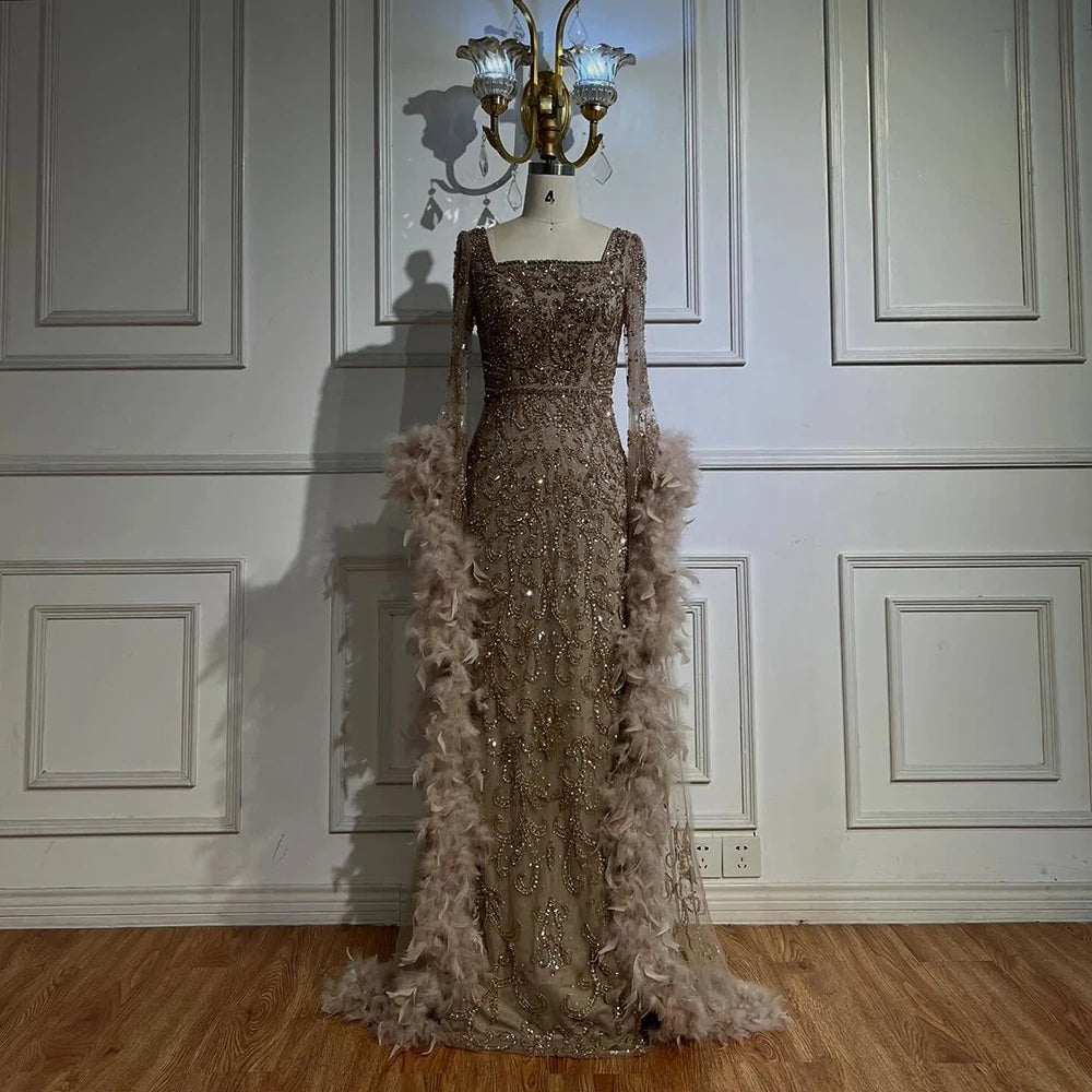 Luxury Dubai Flared Sleeves Mermaid Evening Gown with Turquoise Beads & Feathers - Formal Dresses for Prom, Gala & Special Occasions - LA72767