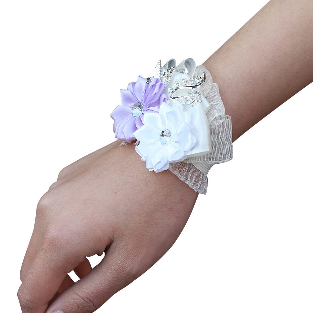 60 PCS Purple Satin Ribbon Flowers with Rhinestones - DIY Wedding Bouquet Accessories, Bridal Hair Clips, Gift Wrapping Decorations for Parties and Crafts