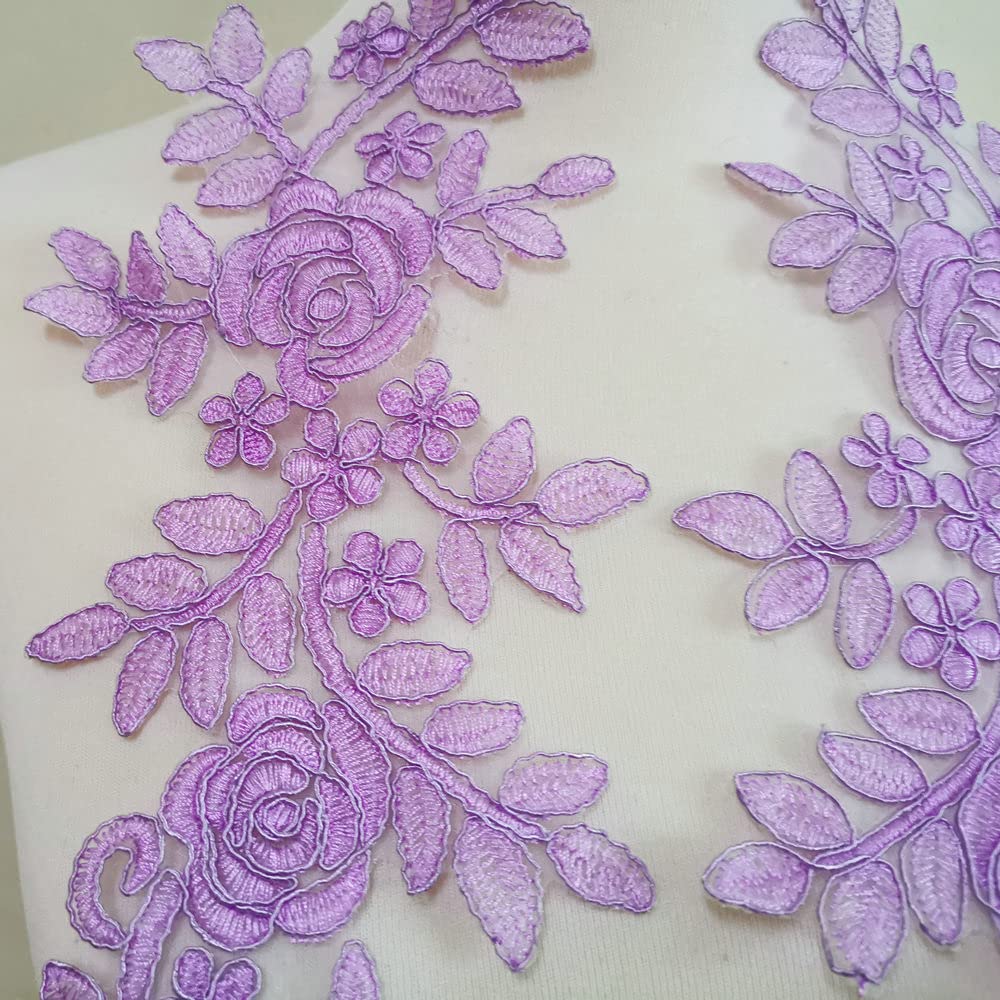 Handmade Embroidered Car Bone Lace Applique Flowers for Wedding Dresses, Evening Gowns & Children's Headpieces - DIY Fabric Accessories in Lilac (Perfect for Bridal Bouquets, Costume Design & Craft Projects)