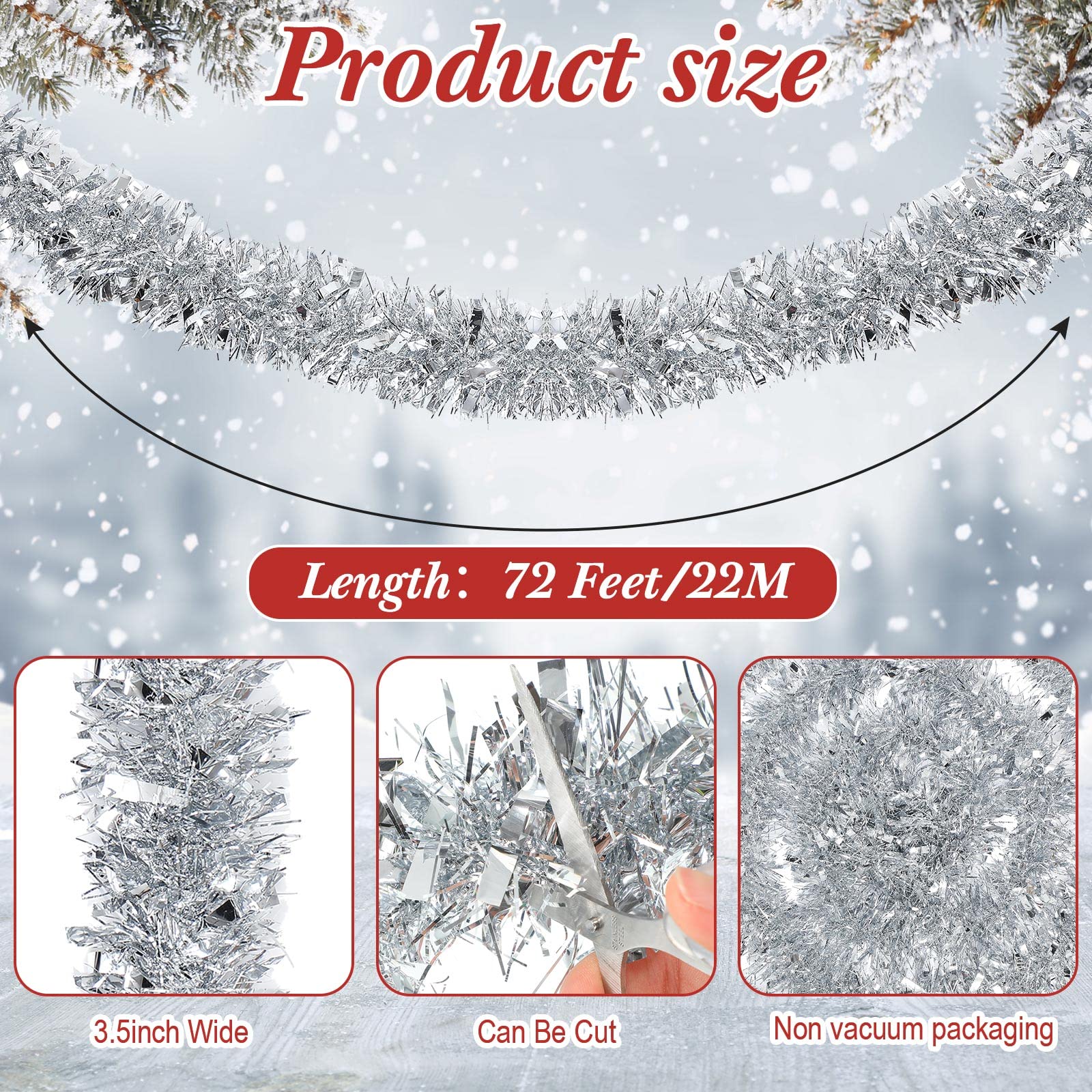 72 Feet Christmas Tinsel Garland - Shiny Metallic Twist Garland Streamers for Tree Decorations | Long Glitter Hanging Decor for Holiday Party, Wedding, Birthday | Wall & Rail Decor (Silver) - Perfect for Christmas Tree, Home, Office & Festive Events