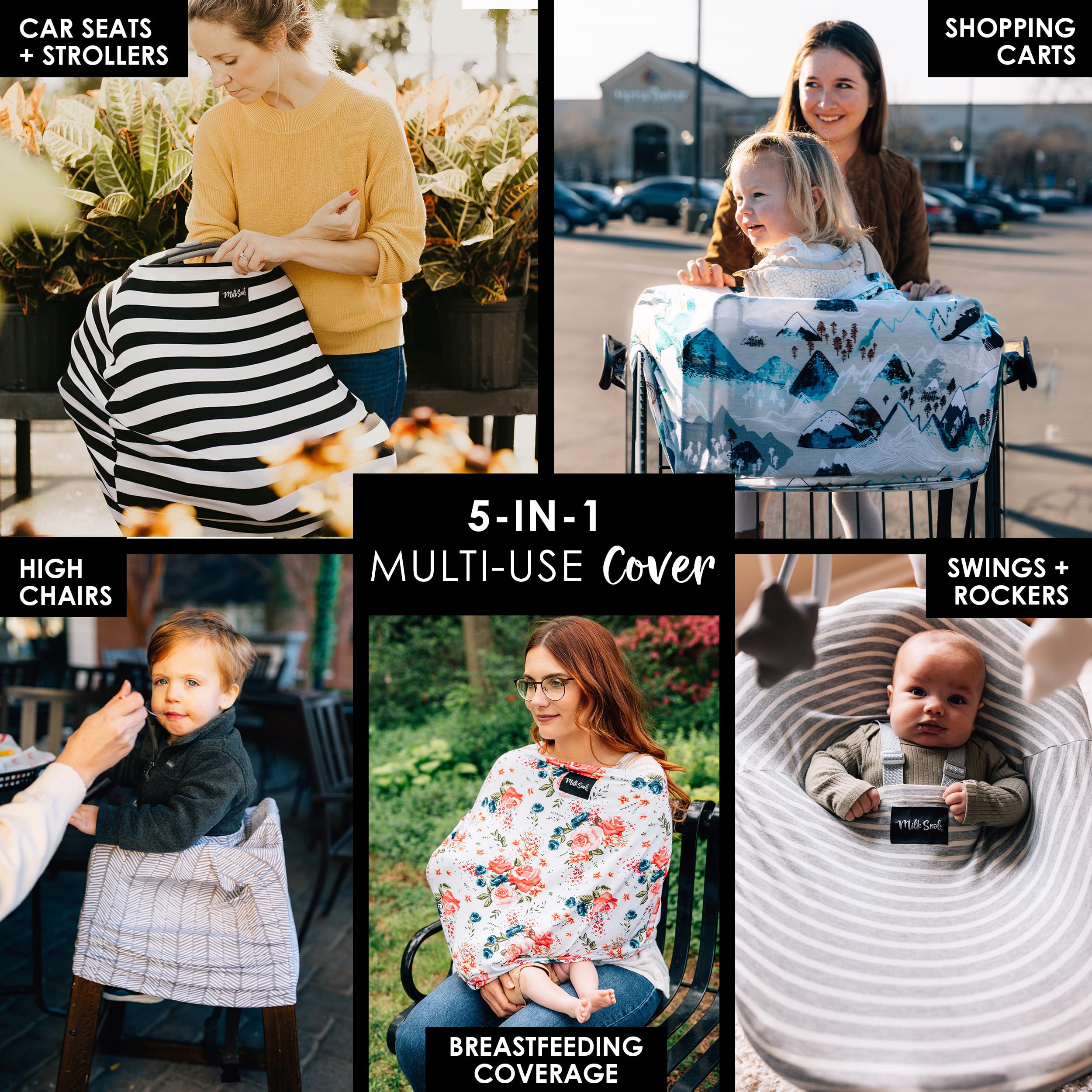 Milk Snob Original 5-in-1 Nursing Cover - Premium Baby Car Seat Cover, Stroller Canopy, High Chair Cover & Shopping Cart Protector - Soft Black & White Stripe for Breastfeeding Privacy - Perfect for Newborns, Travel & Everyday Use