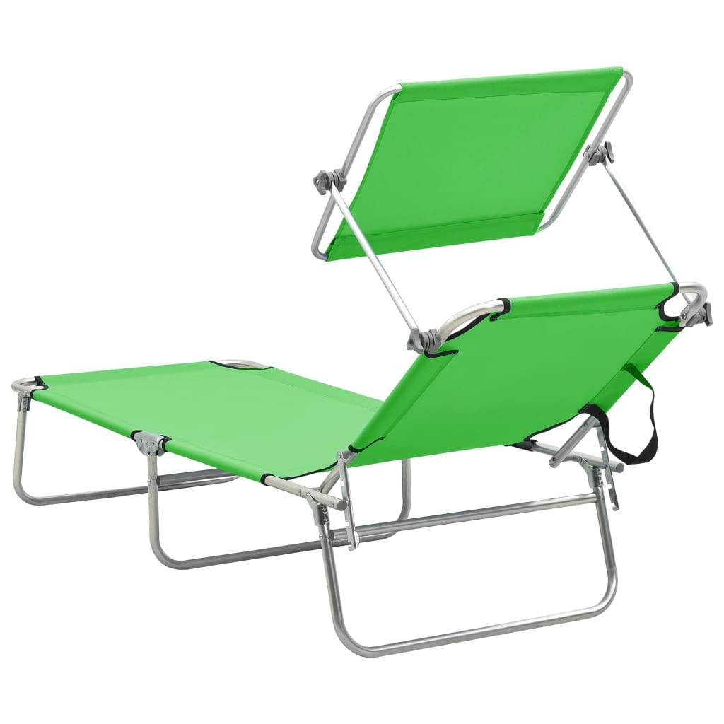Portable Folding Sun Lounger with Adjustable Backrest & Canopy - Beach Chair, Patio Lounge, Poolside Furniture for Outdoor Relaxation in Yard, Balcony or Vacation | Durable Steel Frame in Apple Green
