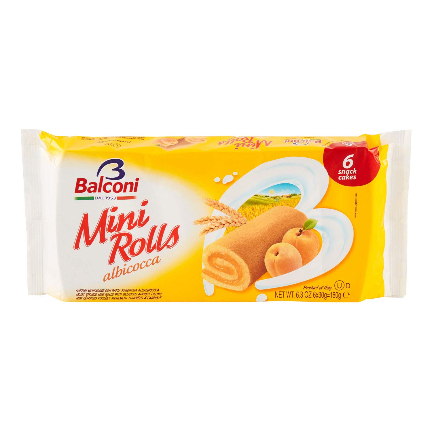Balconi Mini Rolls Apricot - Delicious Italian Snack Cakes with Real Apricot Filling | Perfect for Breakfast, Snacks & Desserts | Imported from Italy