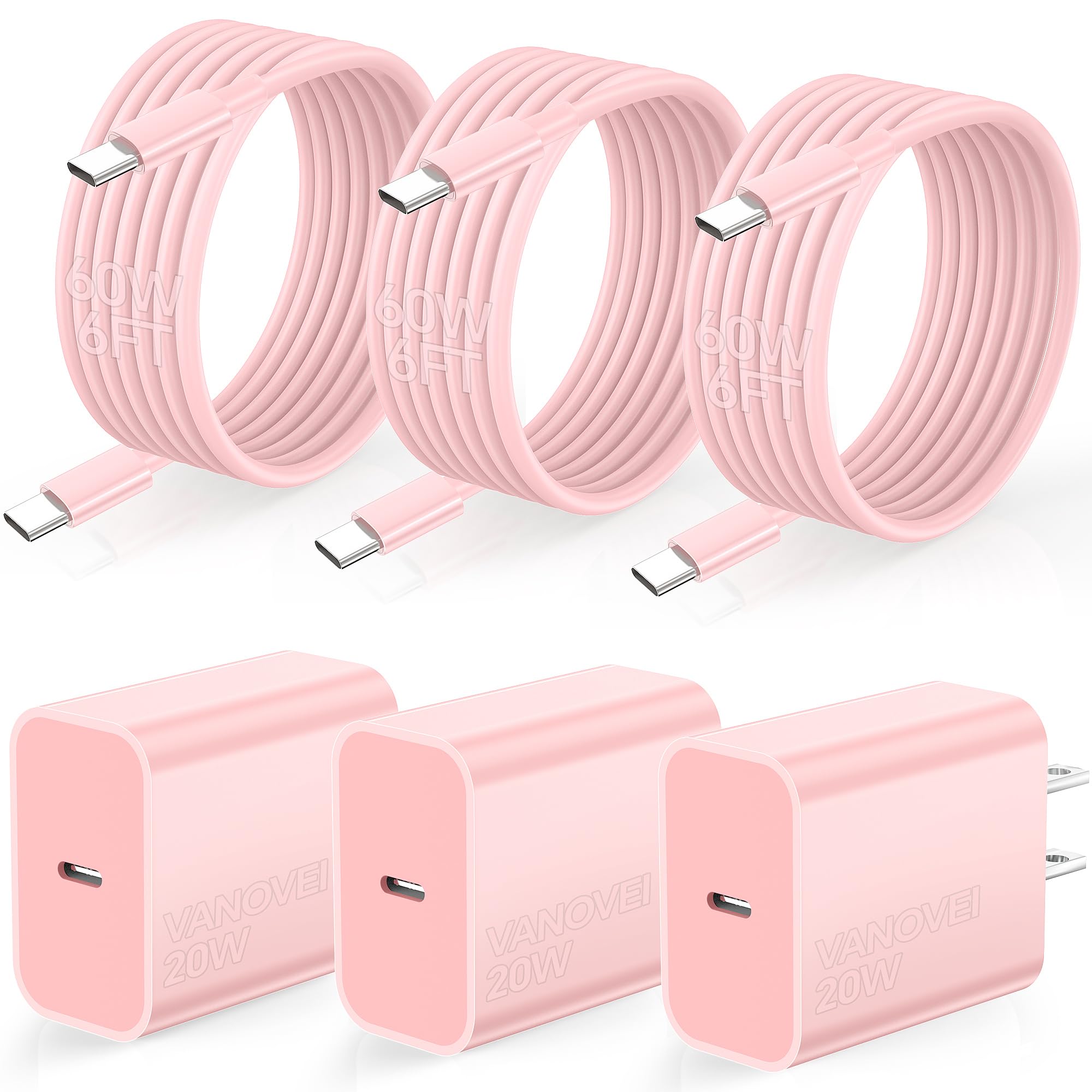 20W USB C Fast Charger Block 3-Pack with 6FT 60W USB C to C Cable - Compatible with iPhone 15/14/13/12, iPad Pro, Samsung Galaxy S23/S22, Android Phones (Pink) - Perfect for Home, Office & Travel Charging