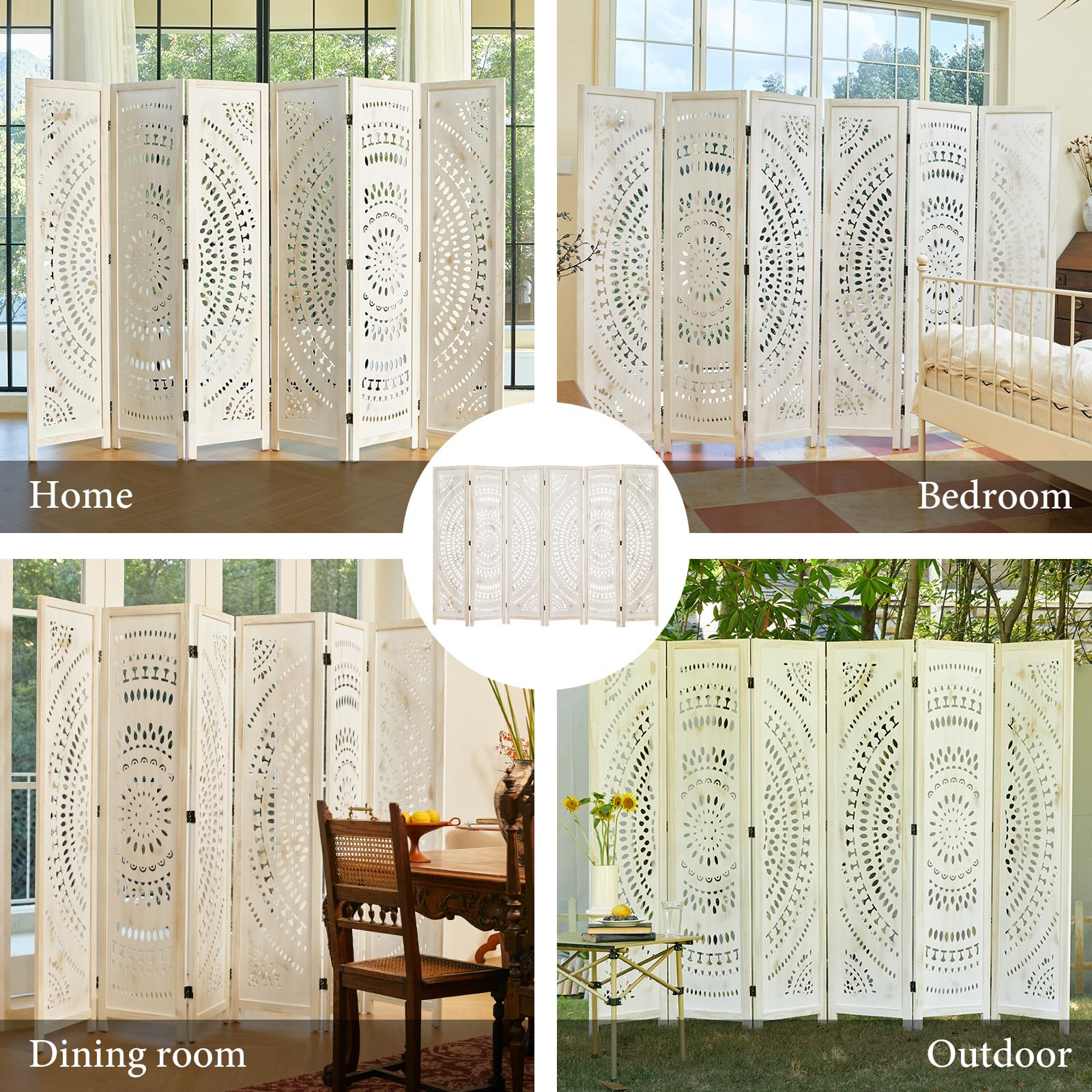 66.9 Inch Folding Room Divider Screen - 6 Panel Wood Carved Privacy Partition for Home, Office, Restaurant & Bedroom - Freestanding & Easy to Assemble (White-Washed) | Perfect for Creating Private Spaces & Room Separation