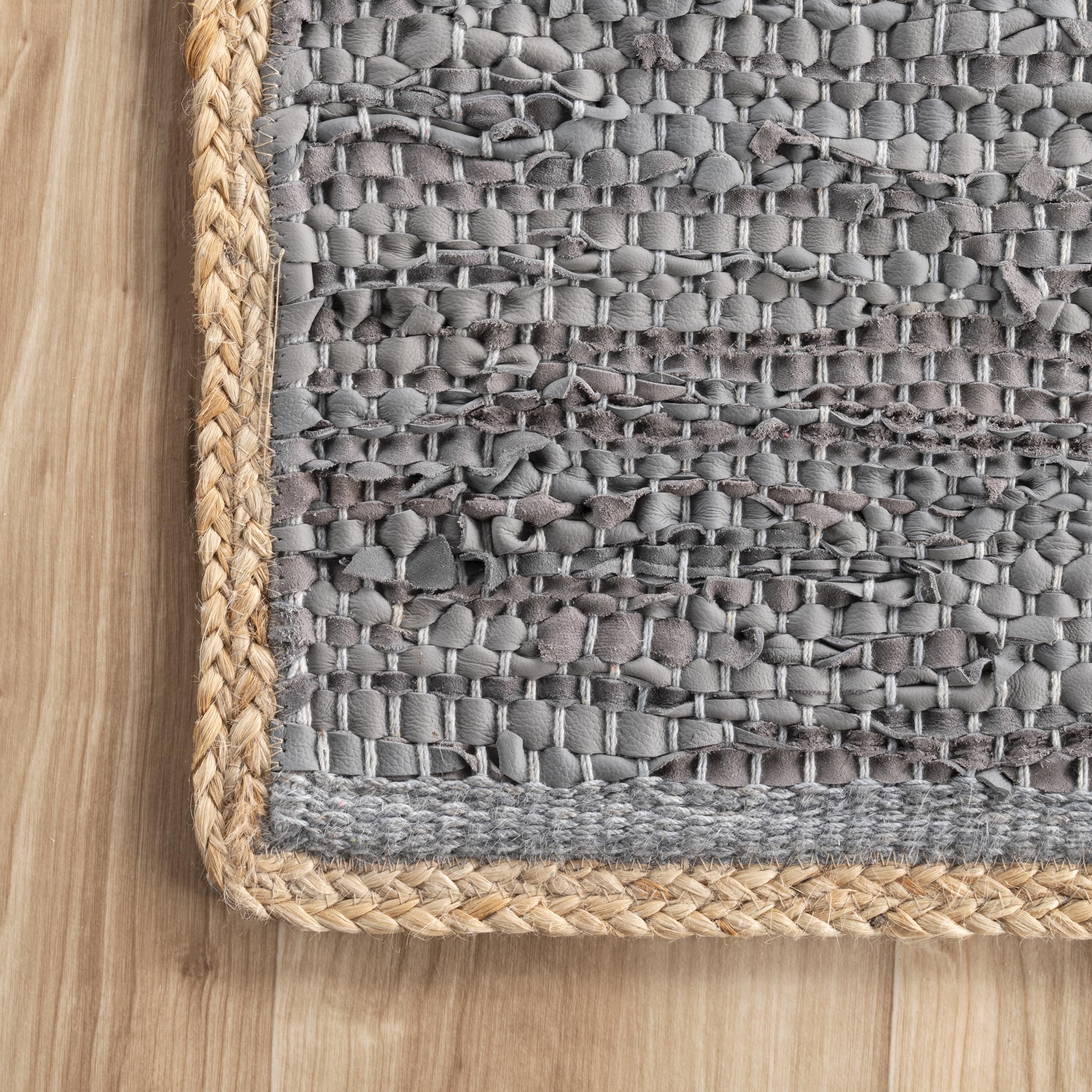 nuLOOM Sabby Hand Woven Leather Flatweave Area Rug 6x9 Feet - Soft Grey Bohemian Style Rug for Living Room, Bedroom & Home Decor