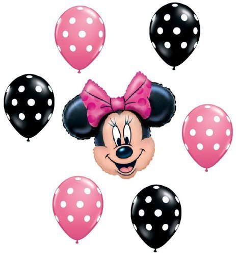 Minnie Mouse Pink & Black Polka Dot Balloon Set - 7 Mylar & Latex Balloons for Birthday Party Decorations, Baby Shower, Disney Themed Events