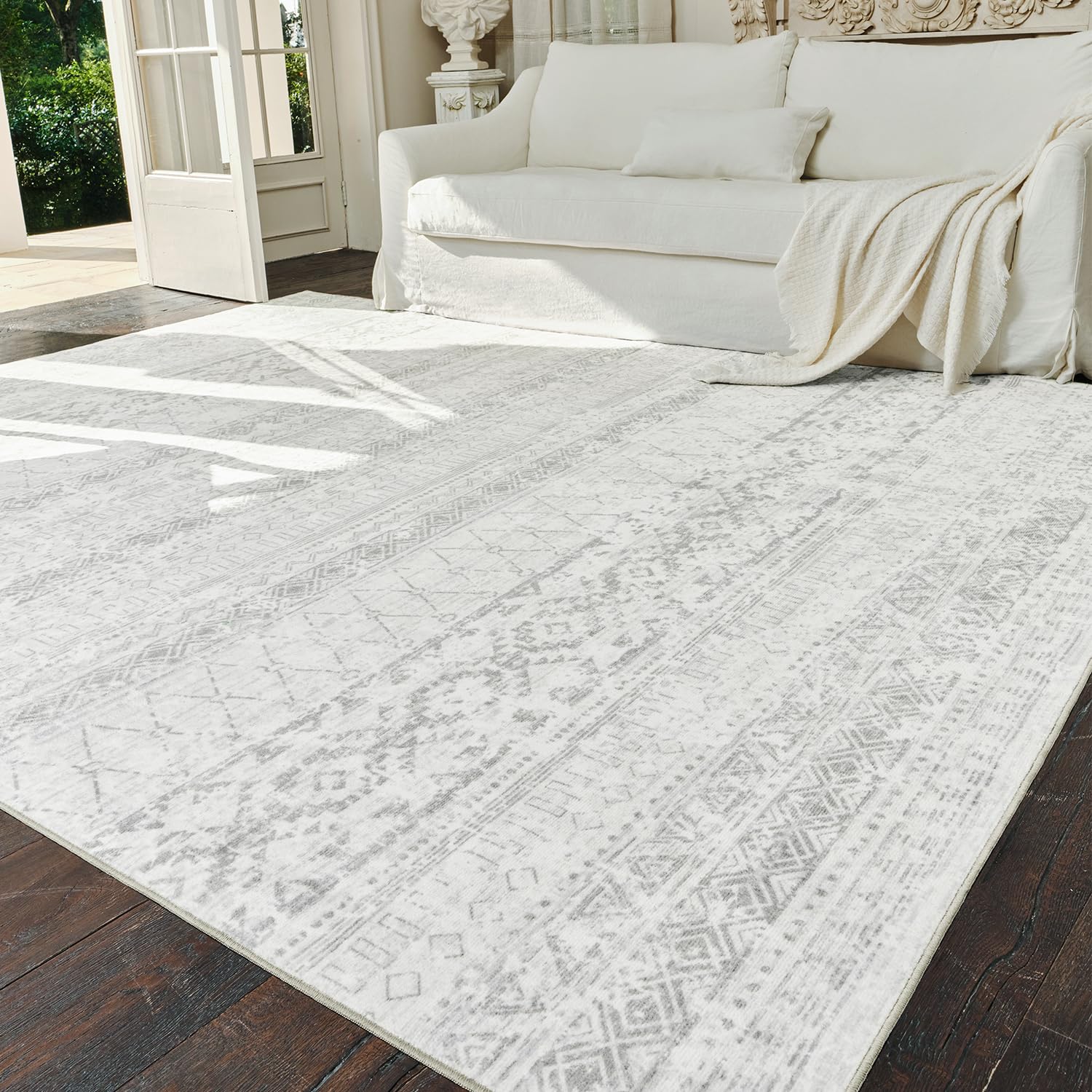 5x7 ft Boho Moroccan Area Rug - Distressed Neutral Grey Washable Carpet for Living Room, Bedroom & Dining Room | Perfect for Home Decor, Cozy Spaces & Boho Chic Style