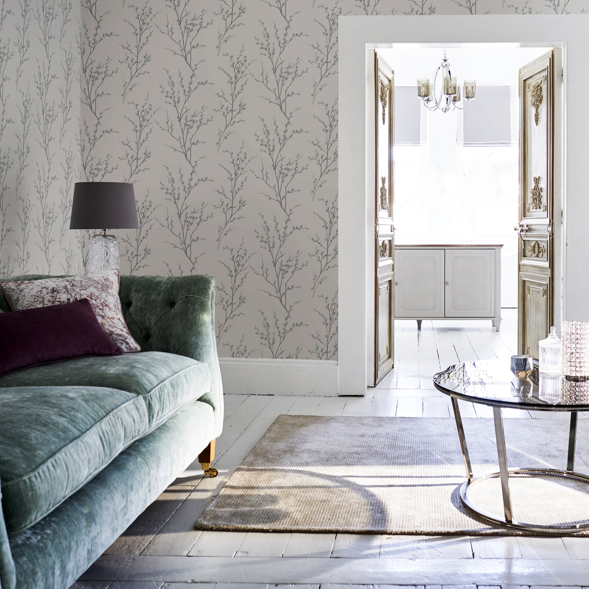 Laura Ashley Wallpaper - Pussy Willow Off White and Steel Floral Design | Peel and Stick Wallpaper for Bedroom, Living Room, Nursery Decor