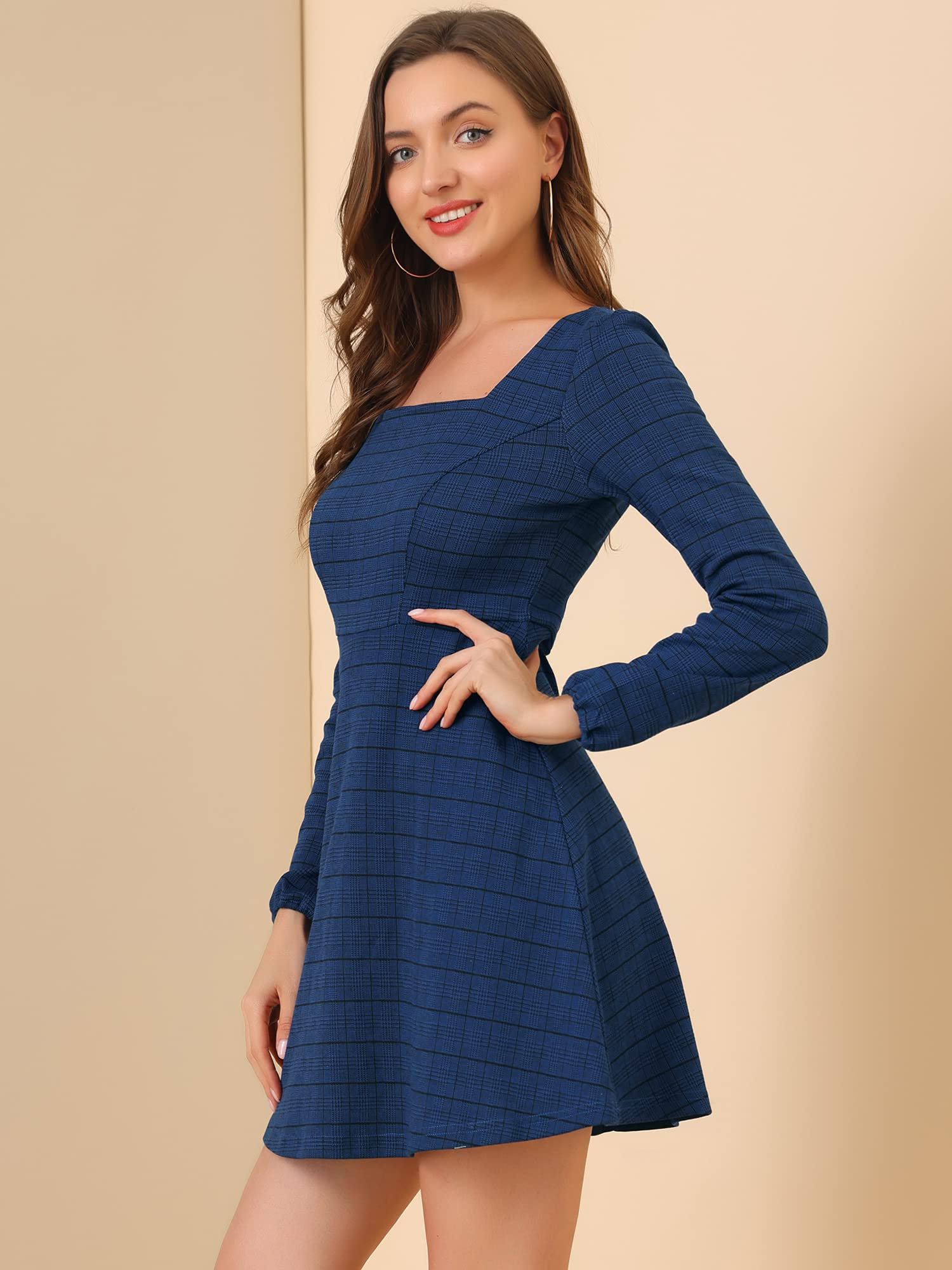 Allegra K Women's Vintage Plaid Mini Dress - Square Neck Long Sleeve Retro Spring Dress for Casual Outings, Date Nights & Office Wear