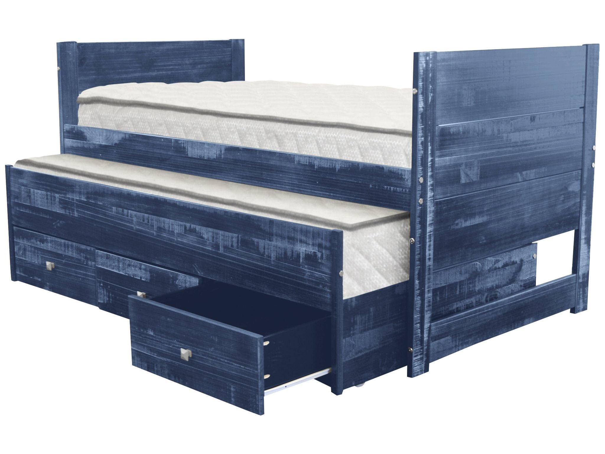 Bedz King All-in-One Twin Bed with Twin Trundle & 3 Built-In Drawers in Weathered Blue - Perfect for Kids' Rooms, Guest Bedrooms & Small Space Living