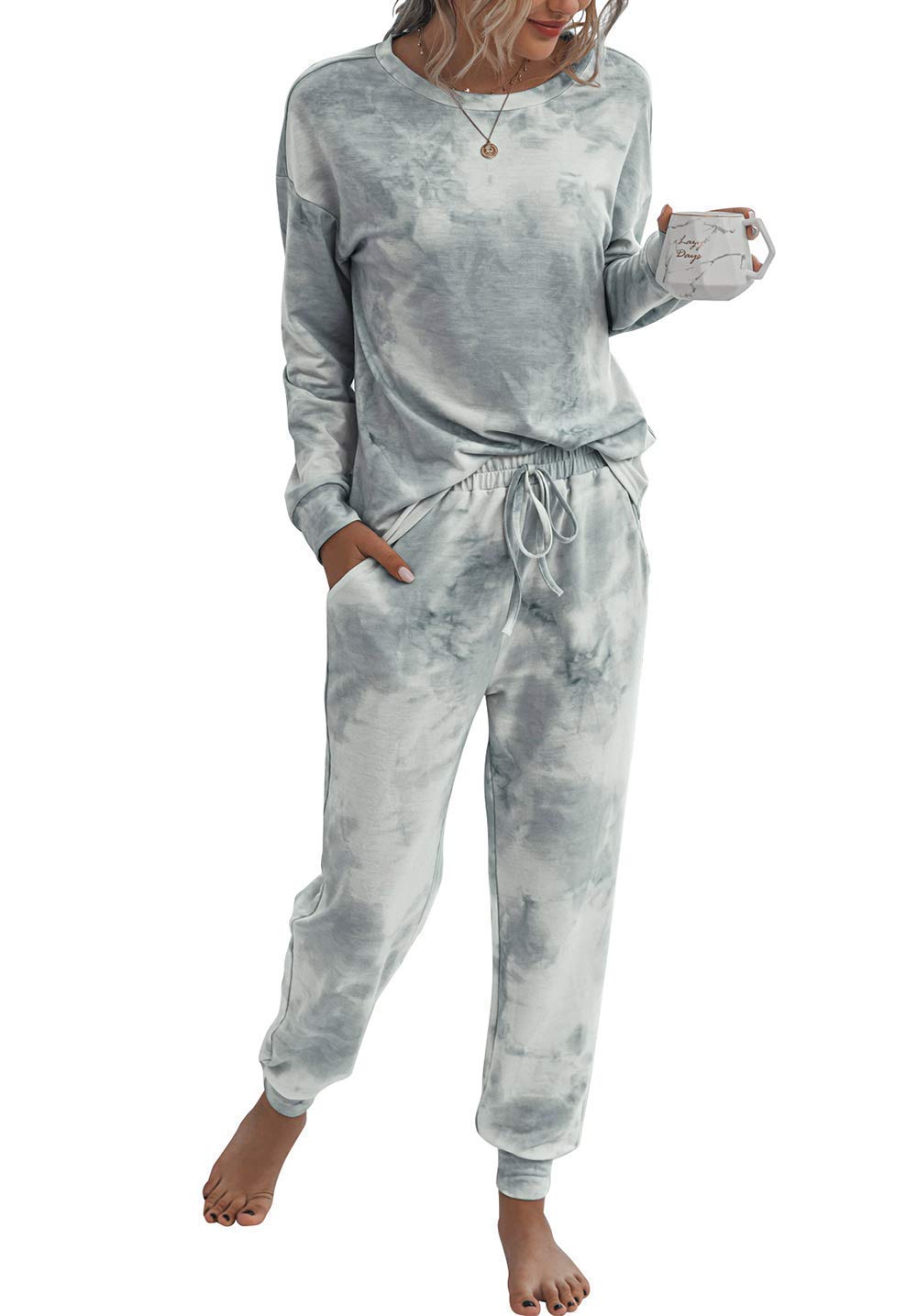 TSMNZMU Women's Tie-Dye Pajama Set - 2-Piece Long Sleeve Sleepwear with Pockets | Soft Pullover Top & Jogger Pants for Lounge, Sleep & Relaxation at Home