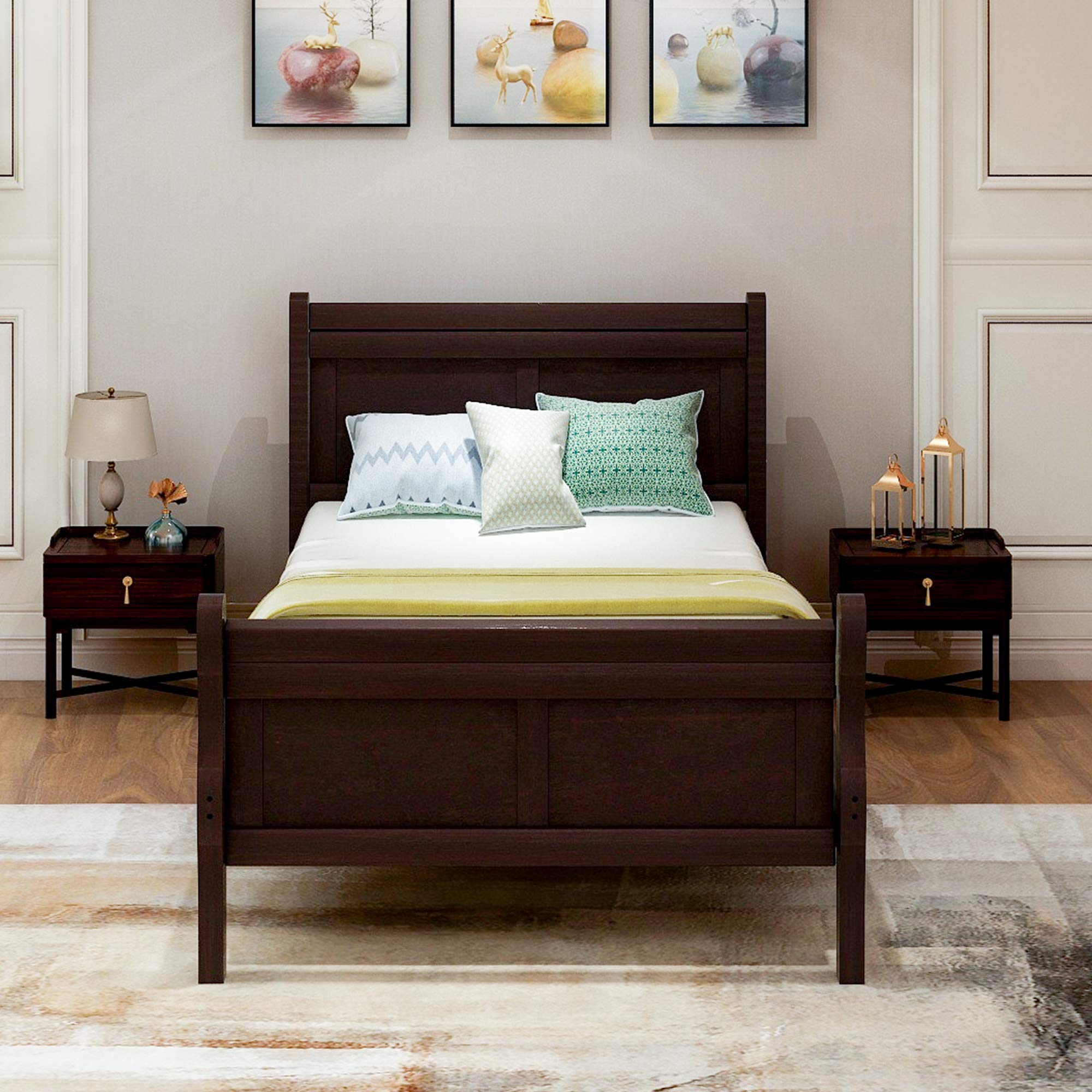Merax Twin Wood Platform Bed Frame with Headboard & Footboard - Solid Wood Slat Support, Espresso Finish - Perfect for Kids' Rooms, Guest Bedrooms & Small Spaces
