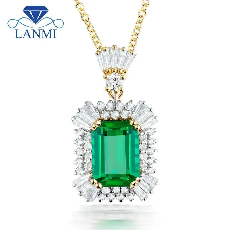 Luxury 18K Two-Tone Gold Emerald Cut Gemstone Pendant Necklace for Women - 7x9mm Natural Diamond & Emerald Jewelry - Perfect for Weddings, Anniversaries & Special Occasions
