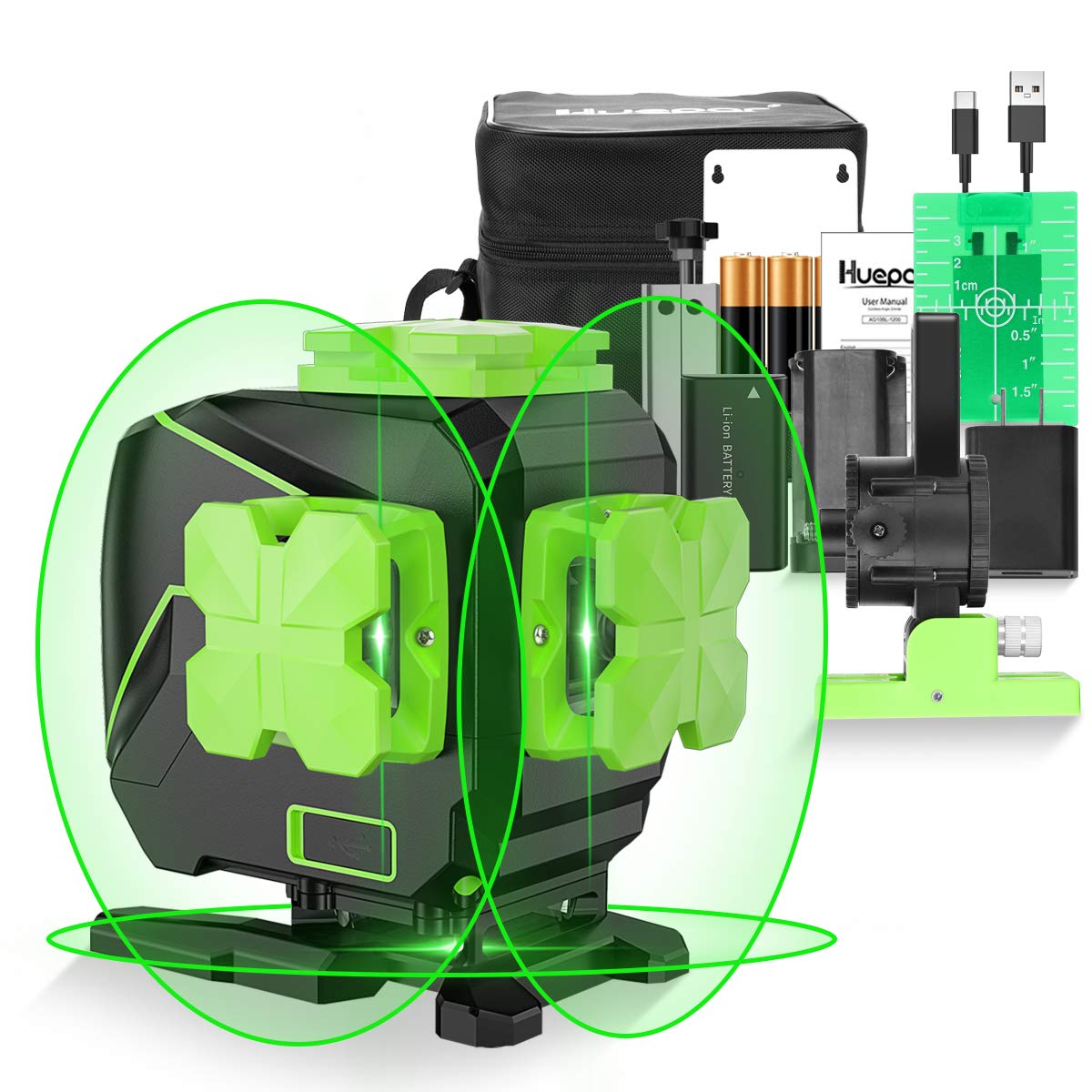 Huepar 3x360 Cross Line Laser Level - 3D Self-Leveling Green Beam Laser Tool for Three-Plane Alignment & Floor Tiling | Switchable Vertical & Horizontal Lines | Li-ion Battery & Magnetic Pivoting Base S03DG-L | Perfect for Construction, Renovation, and DIY Home Projects
