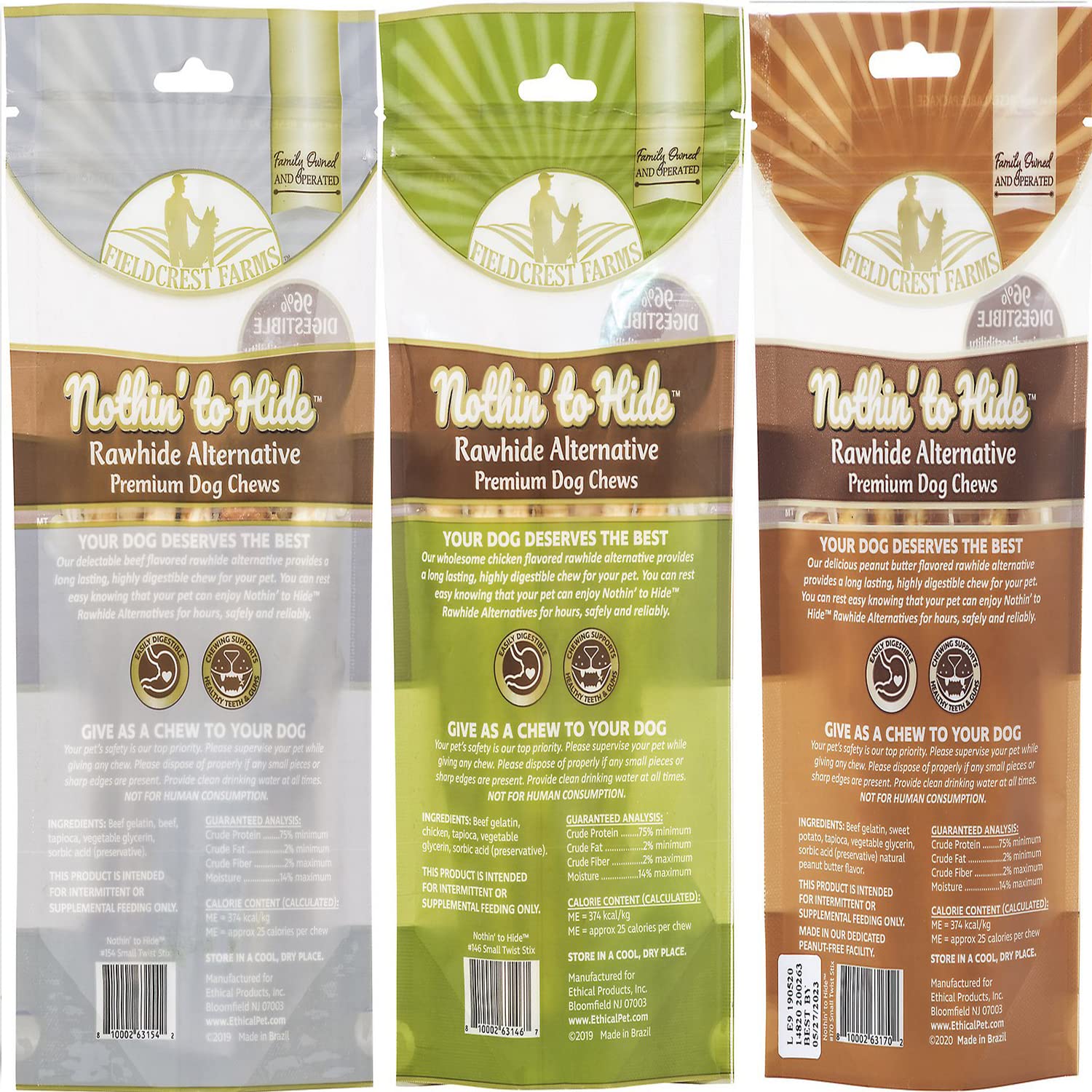 Fieldcrest Farms Natural Rawhide Alternative Dog Chews - 3 Pack Bundle (Chicken, Beef, Peanut Butter) | Premium Digestible Dental Treats for Small & Large Dogs | Perfect for Training, Teething & Anxiety Relief