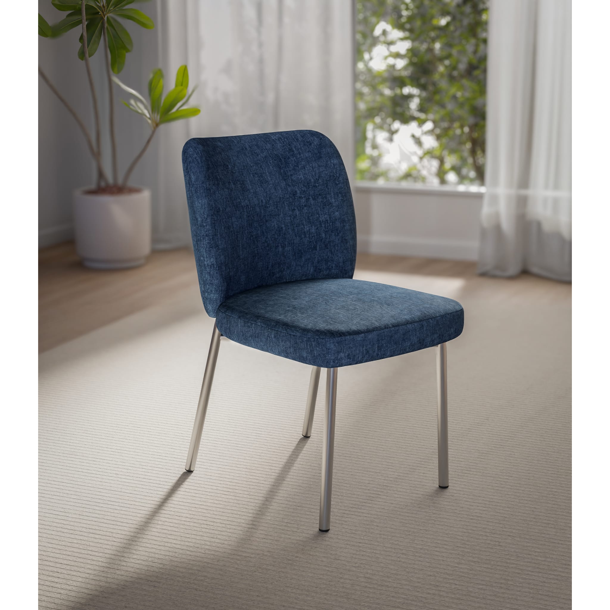 Fomo Chenille Upholstered Stainless Steel Base Dining Chair in Azure Blue - Modern Kitchen & Dining Room Furniture for Home & Restaurant Use