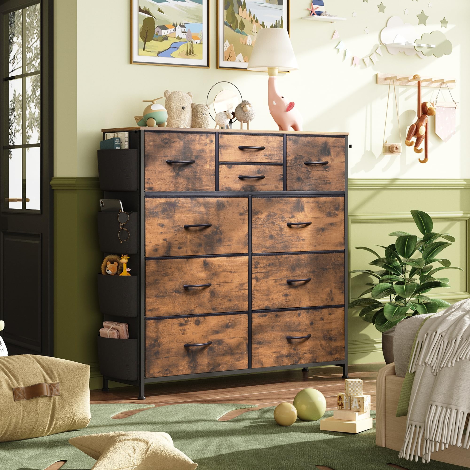 WLIVE 10-Drawer Fabric Dresser for Bedroom & Living Room - Rustic Brown Wood Grain Print Storage Organizer with Side Pockets & Hooks, Sturdy Metal Frame - Perfect for Clothes, Toys, Blankets & Home Organization in Bedrooms, Hallways & Dorm Rooms