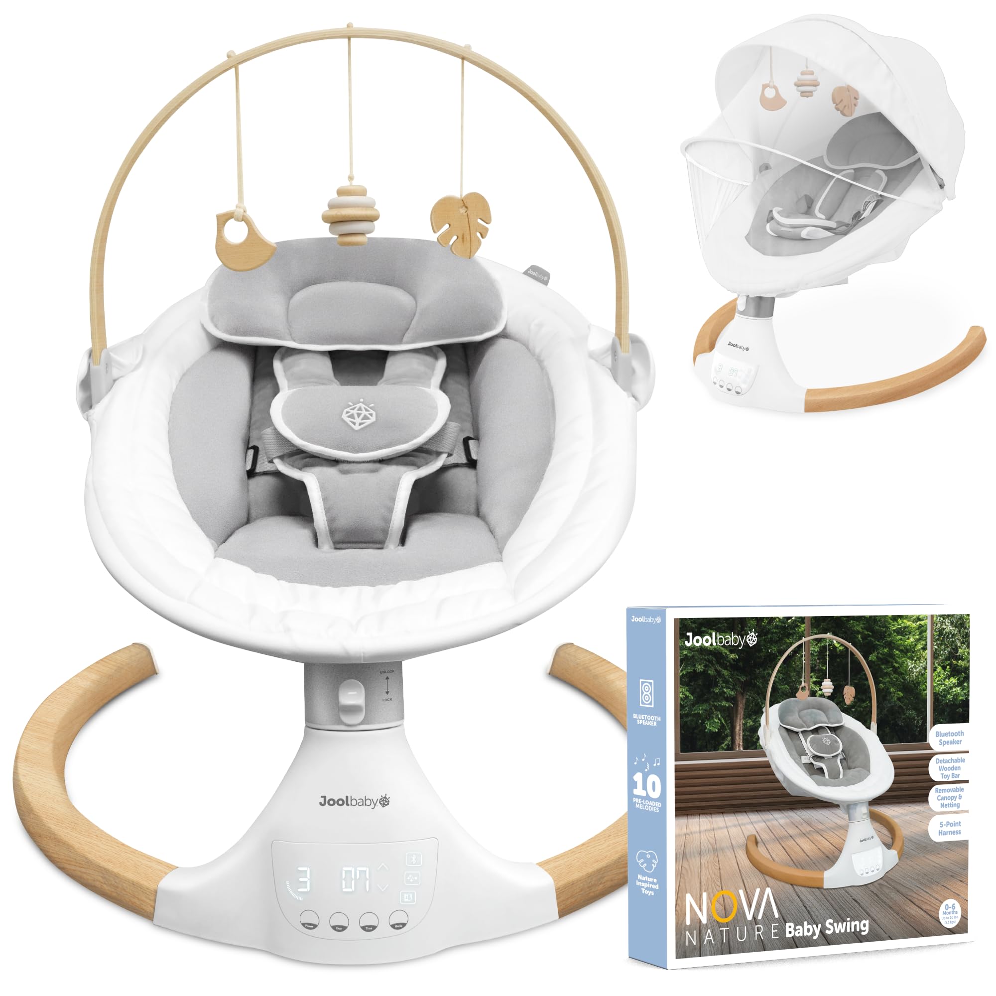Jool Baby Nova Nature Baby Swing for Newborns - Electric Motorized Infant Swing with Bluetooth Music & Natural Wood Toys | Perfect for Nursery, Playroom & Soothing Fussy Babies