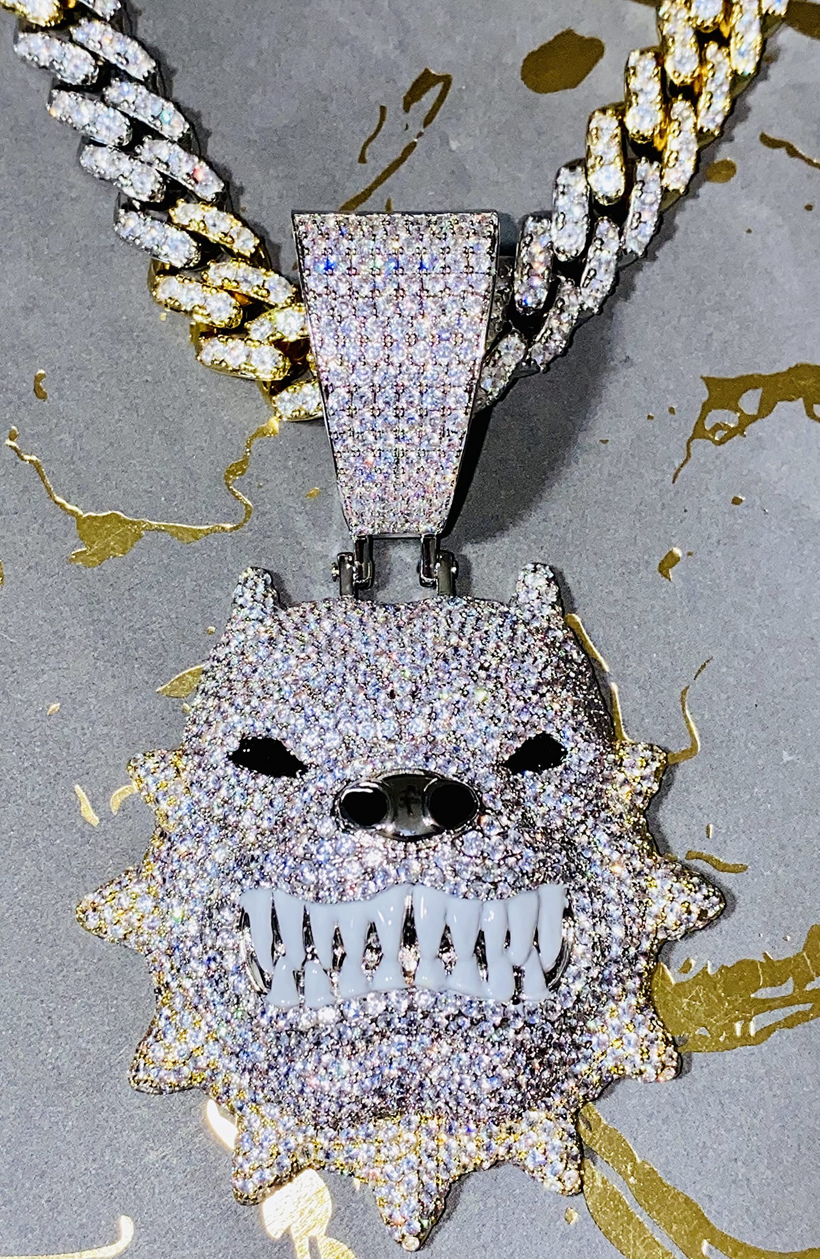 14K Gold & Silver Plated Pitbull Dog Pendant with Miami Cuban Link Chain - Iced Out Prong Set 2-Tone Choker Necklace for Men - 12mm 20