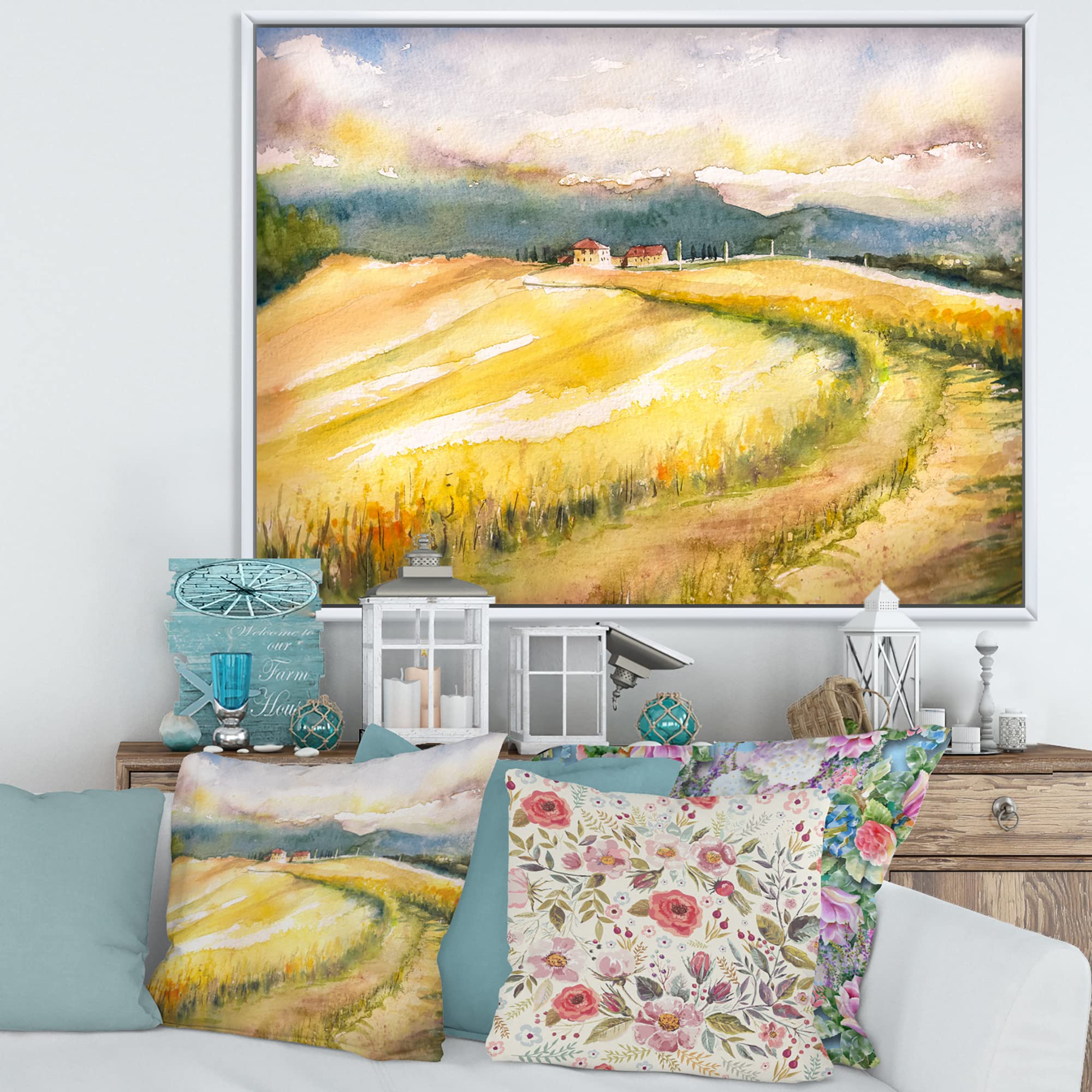 DesignQ Golden Fields of Tuscany Italy - Framed Canvas Wall Art Print for Living Room, Bedroom & Office Decor | Countryside Landscape Painting